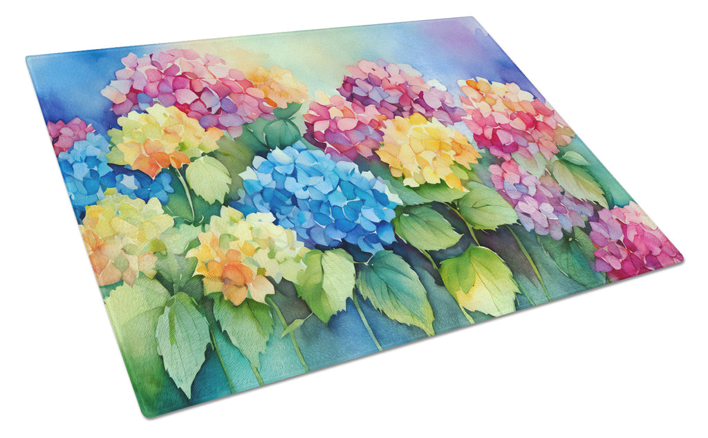 Hydrangeas in Watercolor Cutting Board Tempered Glass Kitchen Cutting Surface, Heat Resistant Chopping, Non-Slip Feet, Food Prep & Serving
