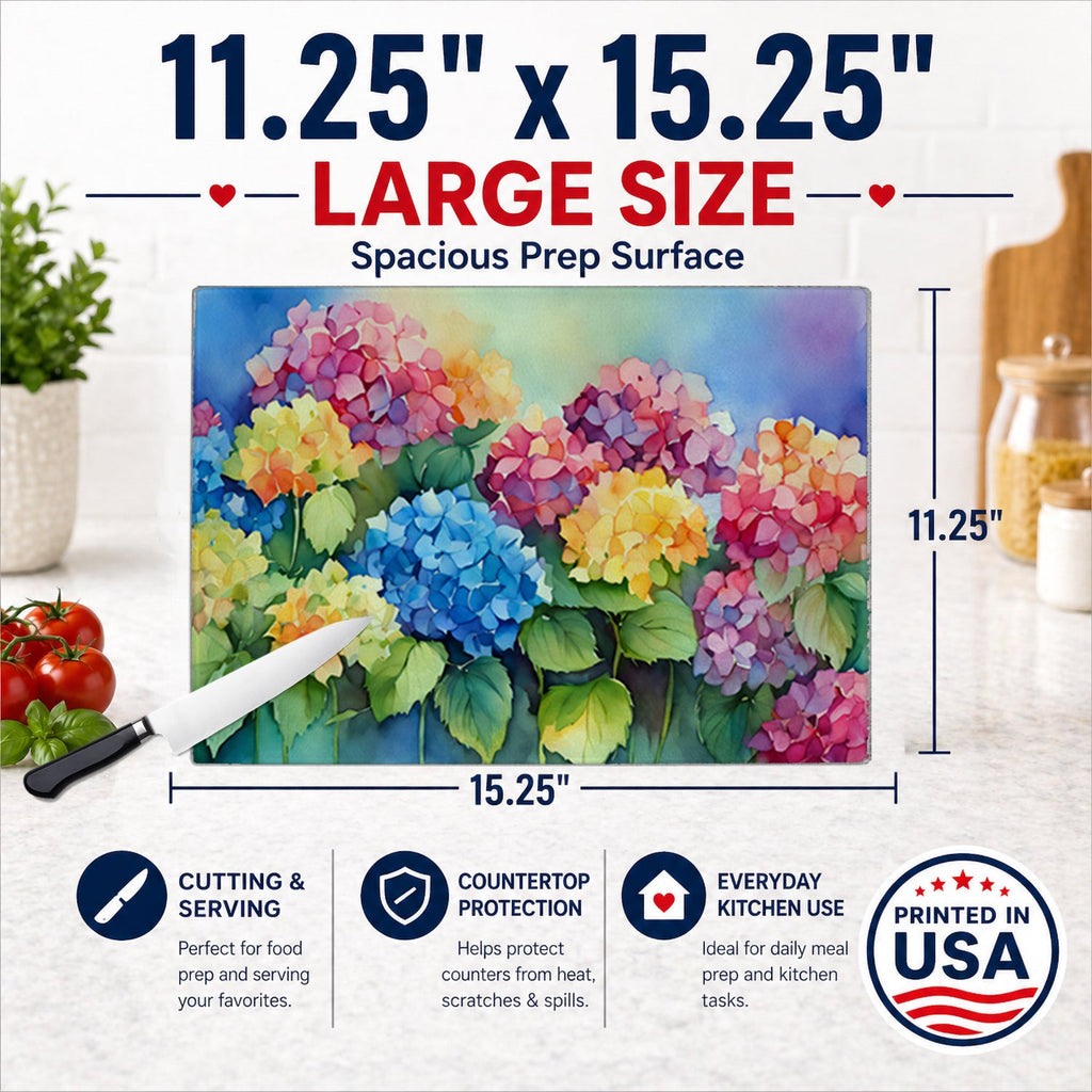 Hydrangeas in Watercolor Cutting Board Tempered Glass Kitchen Cutting Surface, Heat Resistant Chopping, Non-Slip Feet, Food Prep & Serving