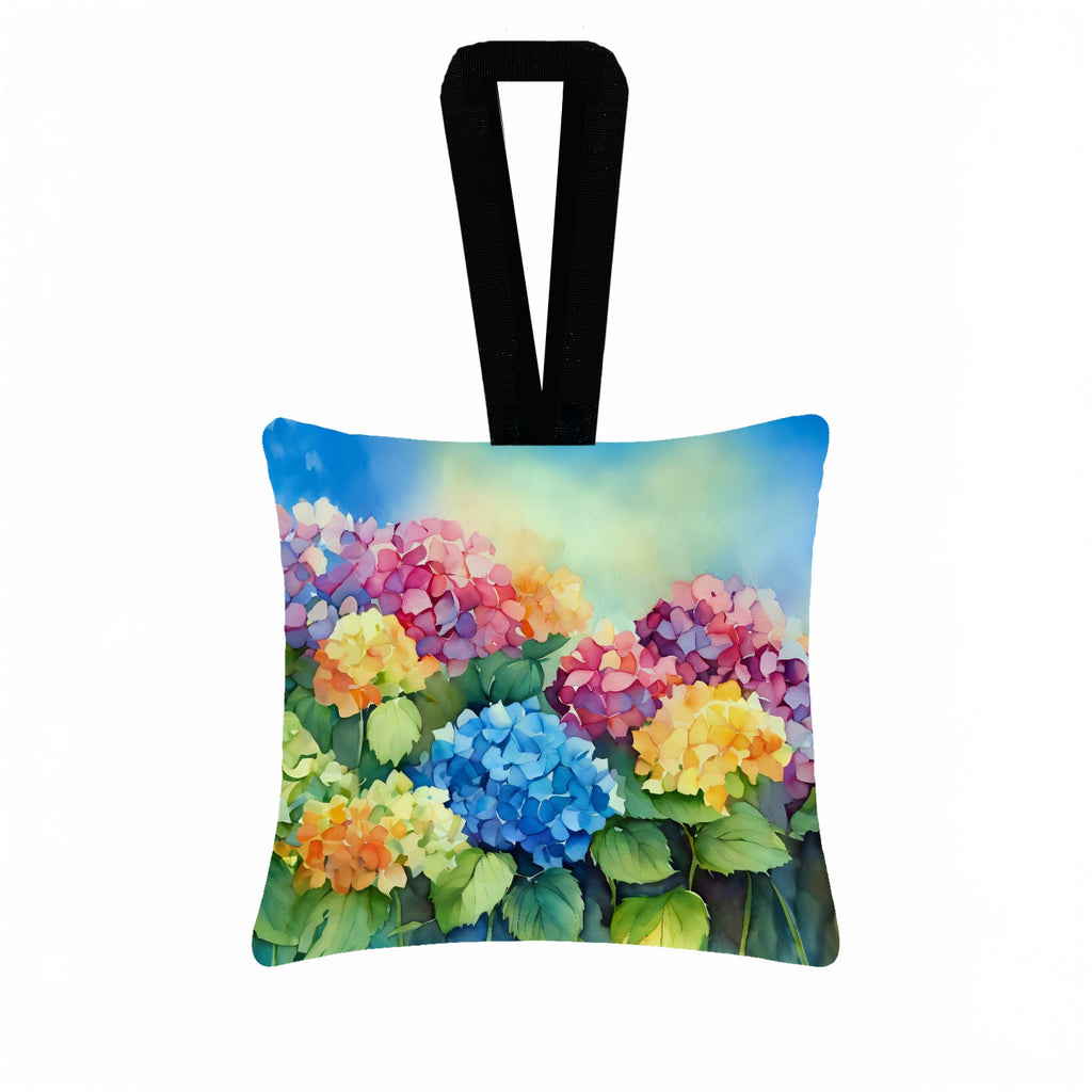 Hydrangeas in Watercolor Hanging Square Fabric Ornament 3.5 × 3.5 Decorative Door-Knob & Tree Hanger, Soft Fabric