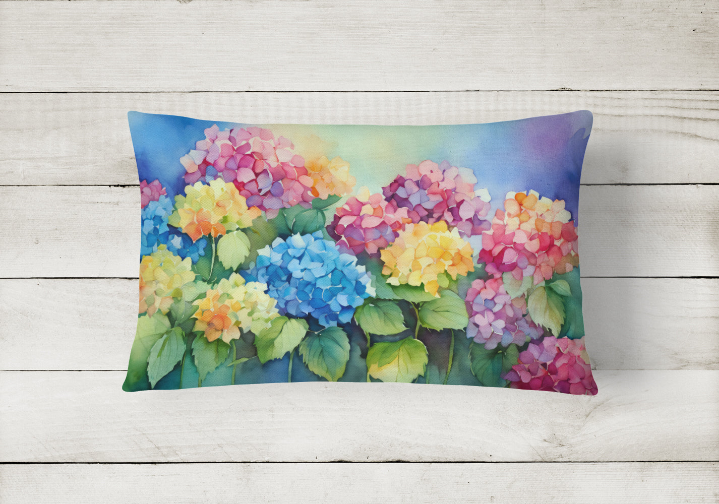 Hydrangeas in Watercolor Decorative Throw Pillow 12x16 Indoor Outdoor Accent Cushion, Fabric Cover with Insert for Sofa, Bed, Porch & Living Room
