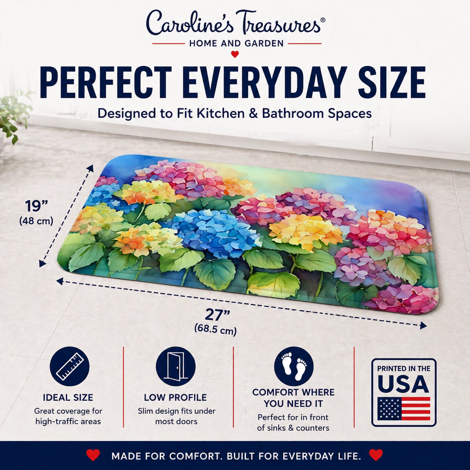 Hydrangeas in Watercolor Memory Foam Kitchen Mat Machine Washable Anti-Fatigue Cushion Comfort Bath or Kitchen Rug