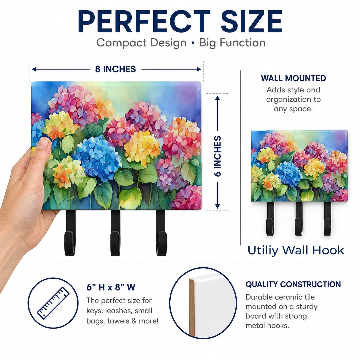 Hydrangeas in Watercolor Leash or Key Holder Wall Hooks, Coat Rack Wall Mount, for Hanging Keys, Towels, Aprons, Leashes
