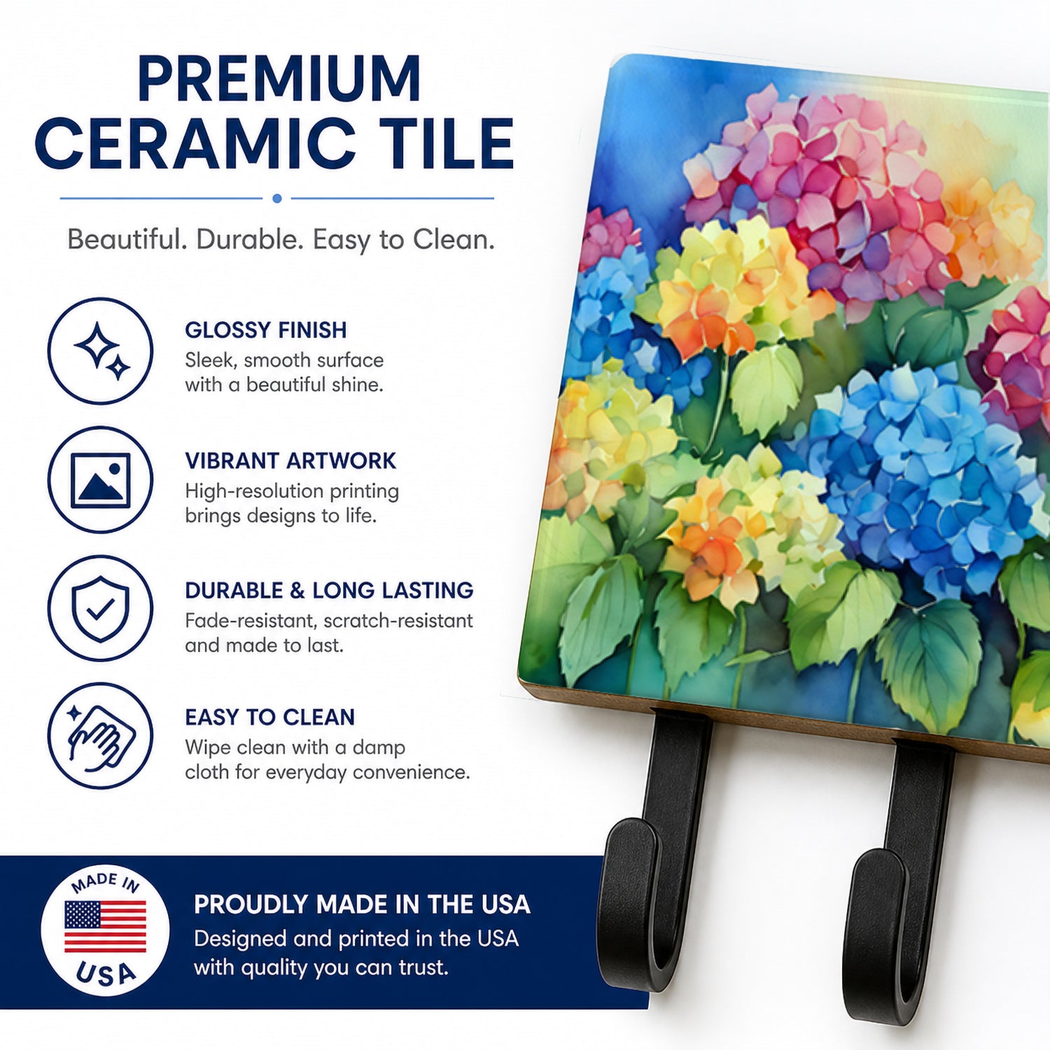 Hydrangeas in Watercolor Leash or Key Holder Wall Hooks, Coat Rack Wall Mount, for Hanging Keys, Towels, Aprons, Leashes