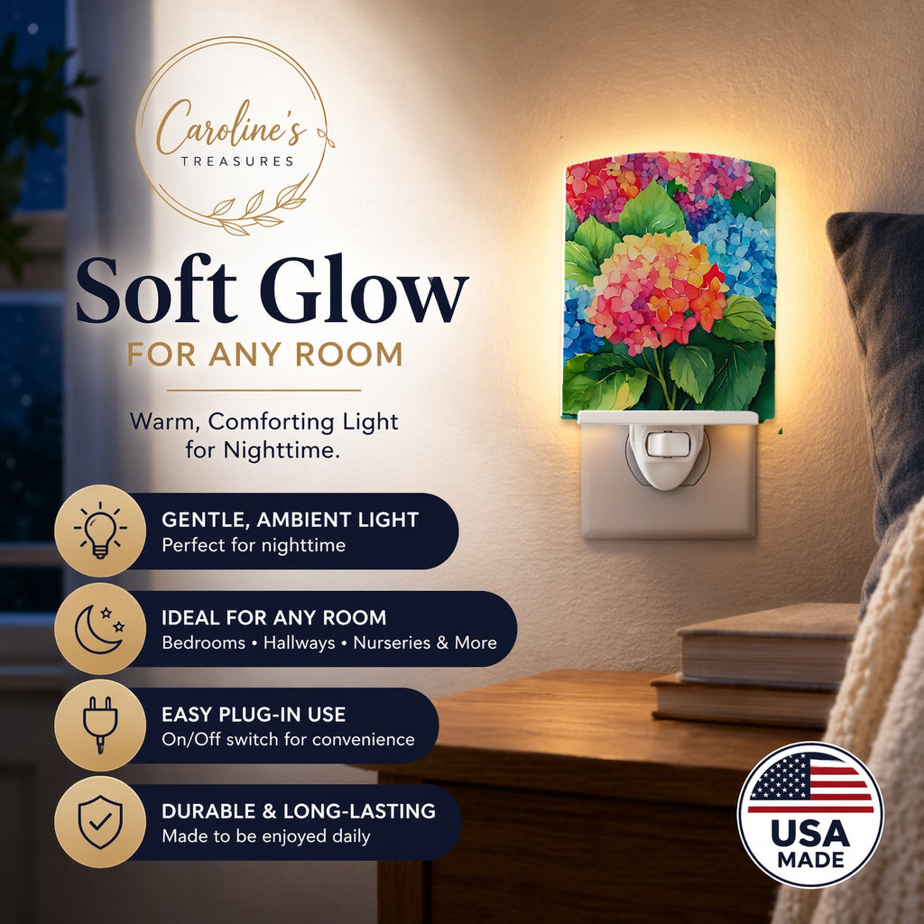 Hydrangeas in Watercolor Ceramic Night Light Compact, UL-Certified, Ideal for Bedroom, Bathroom, Nursery, Hallway, Kitchen, 6x4x3, Multicolor