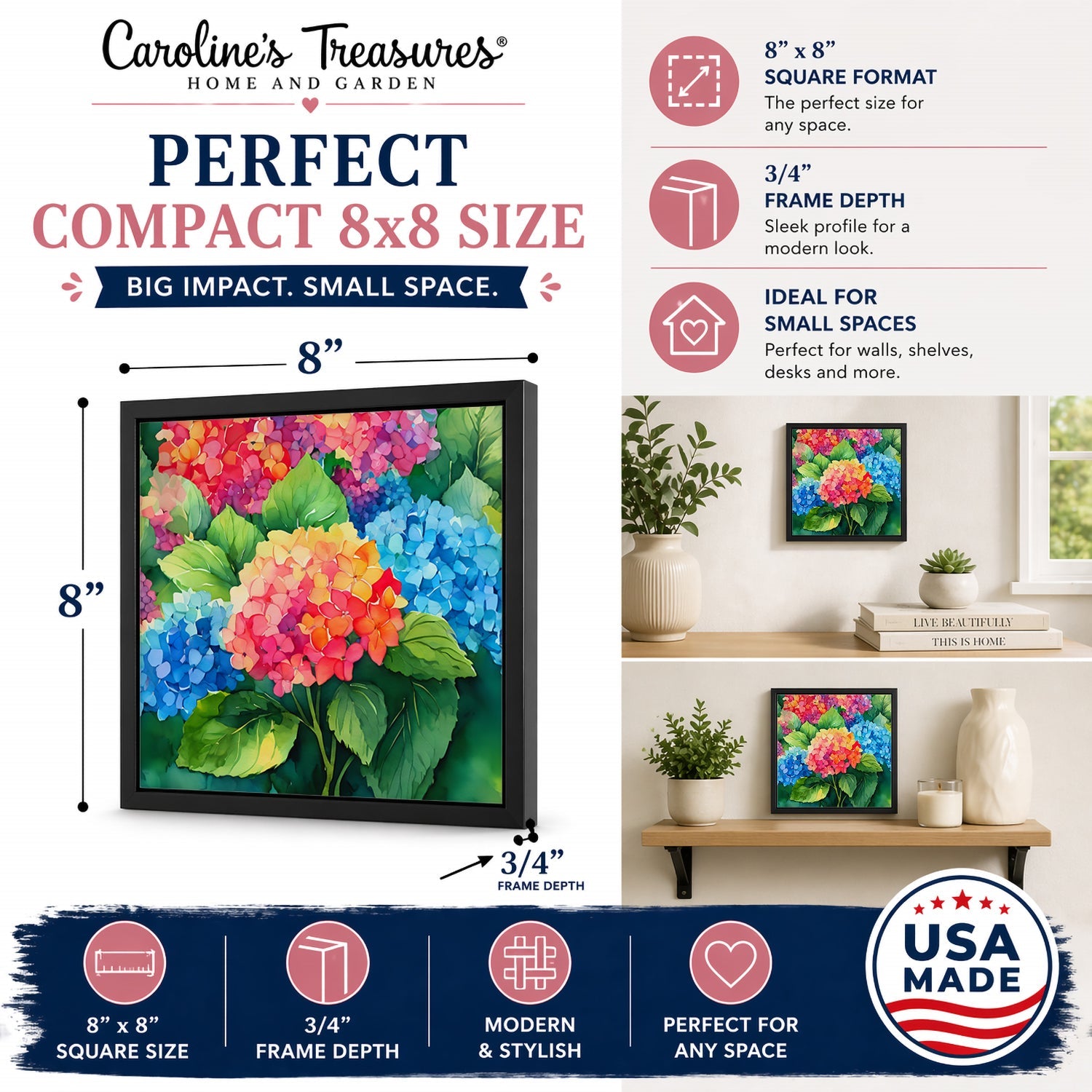 Hydrangeas in Watercolor Framed Metal Print Bathroom, Kitchen, Office, Home Decor Wall Art Ready to Hang, Square, 8X8