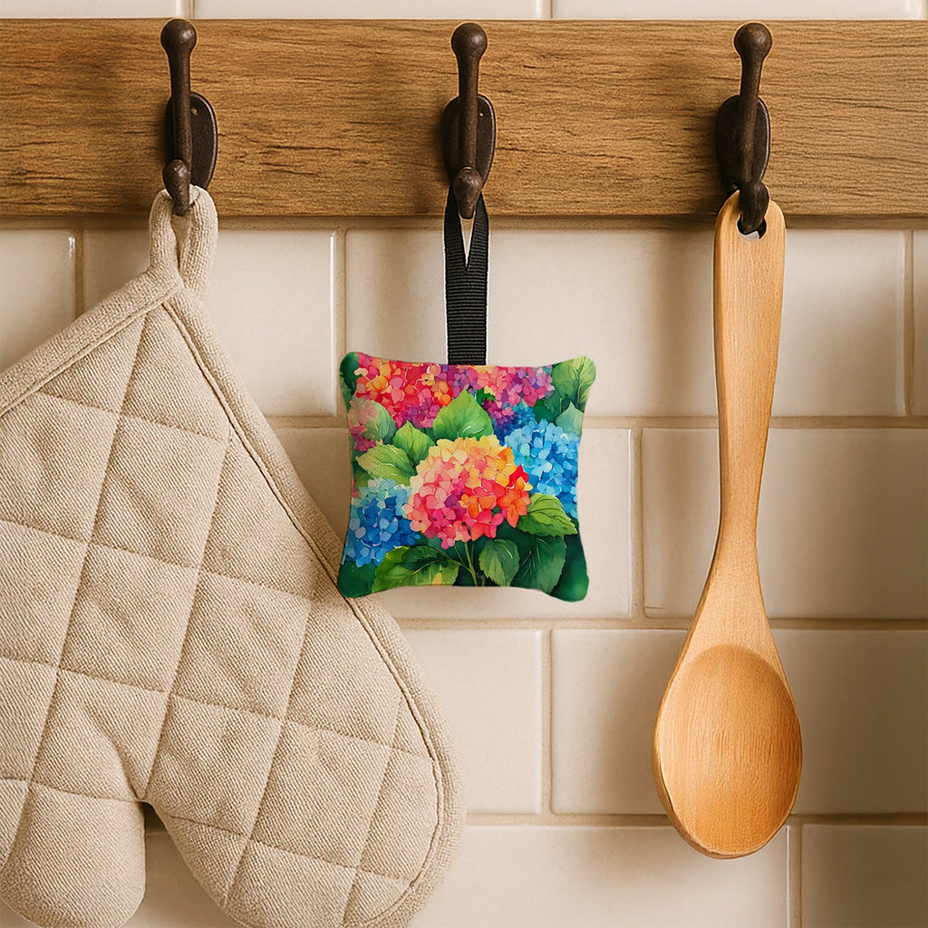 Hydrangeas in Watercolor Hanging Square Fabric Ornament 3.5 × 3.5 Decorative Door-Knob & Tree Hanger, Soft Fabric