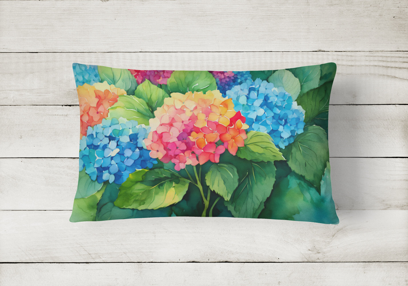 Hydrangeas in Watercolor Decorative Throw Pillow 12x16 Indoor Outdoor Accent Cushion, Fabric Cover with Insert for Sofa, Bed, Porch & Living Room
