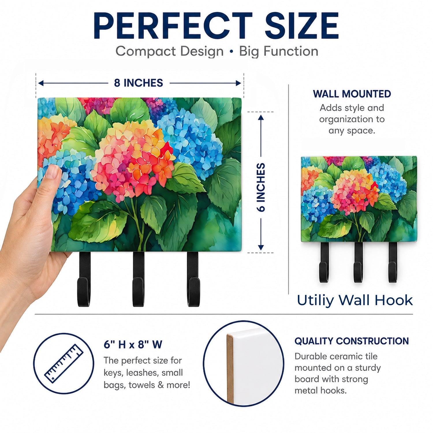 Hydrangeas in Watercolor Leash or Key Holder Wall Hooks, Coat Rack Wall Mount, for Hanging Keys, Towels, Aprons, Leashes