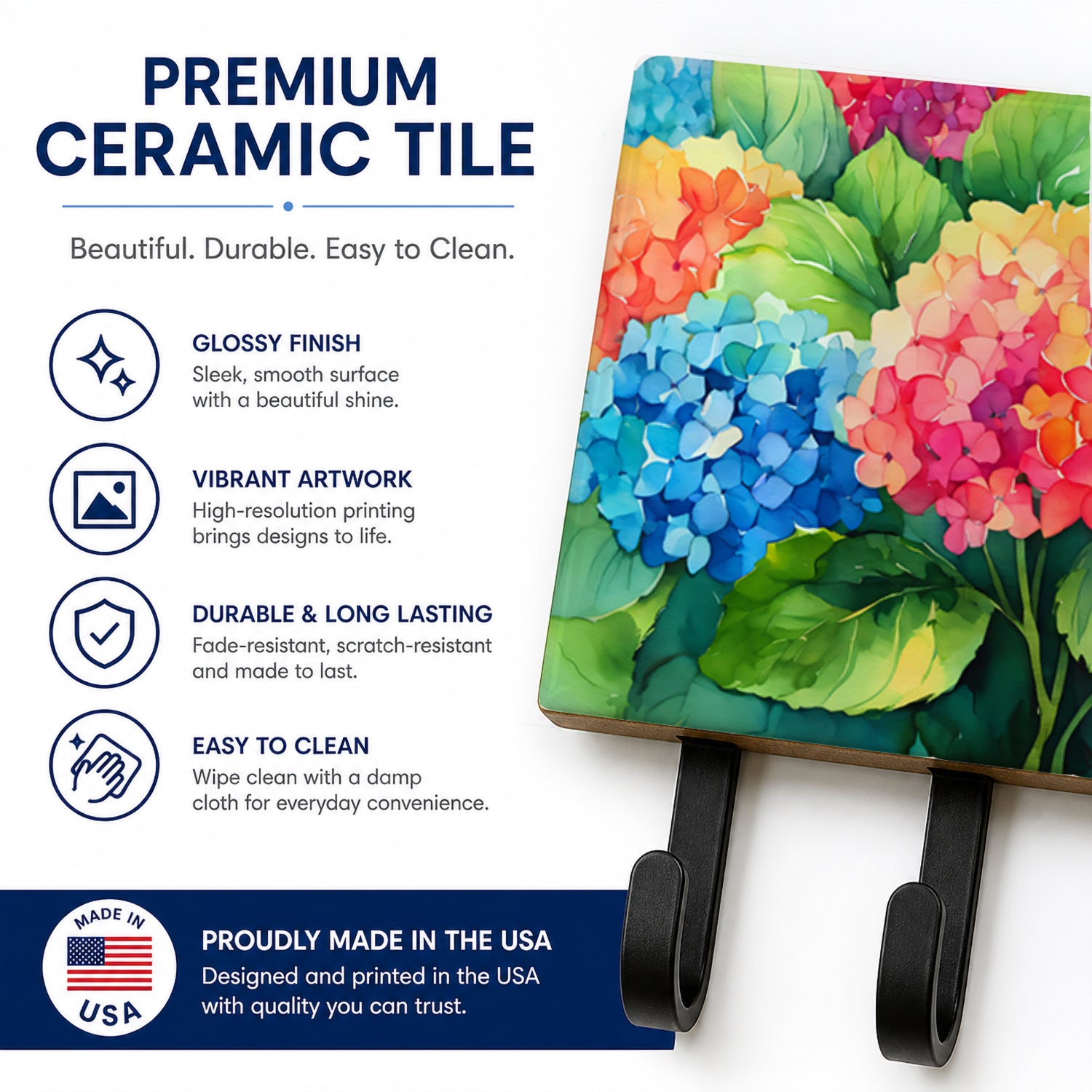 Hydrangeas in Watercolor Leash or Key Holder Wall Hooks, Coat Rack Wall Mount, for Hanging Keys, Towels, Aprons, Leashes