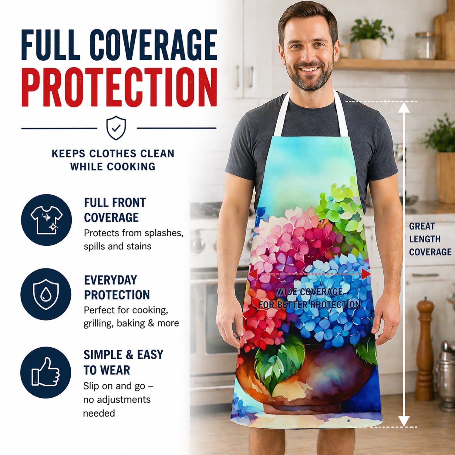 Hydrangeas in Watercolor Apron Cooking Kitchen Server Baking Crafts Gardening for Adult Women Men, Unisex, Large, Multicolor