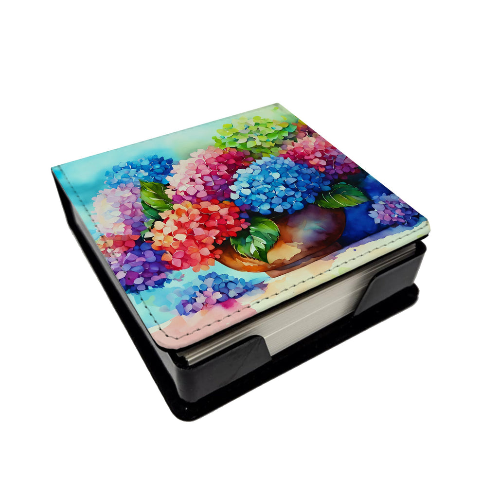Hydrangeas in Watercolor PU Leather Note Paper Holder with Artist-Designed Cover, Desk Accessory, Office Gift