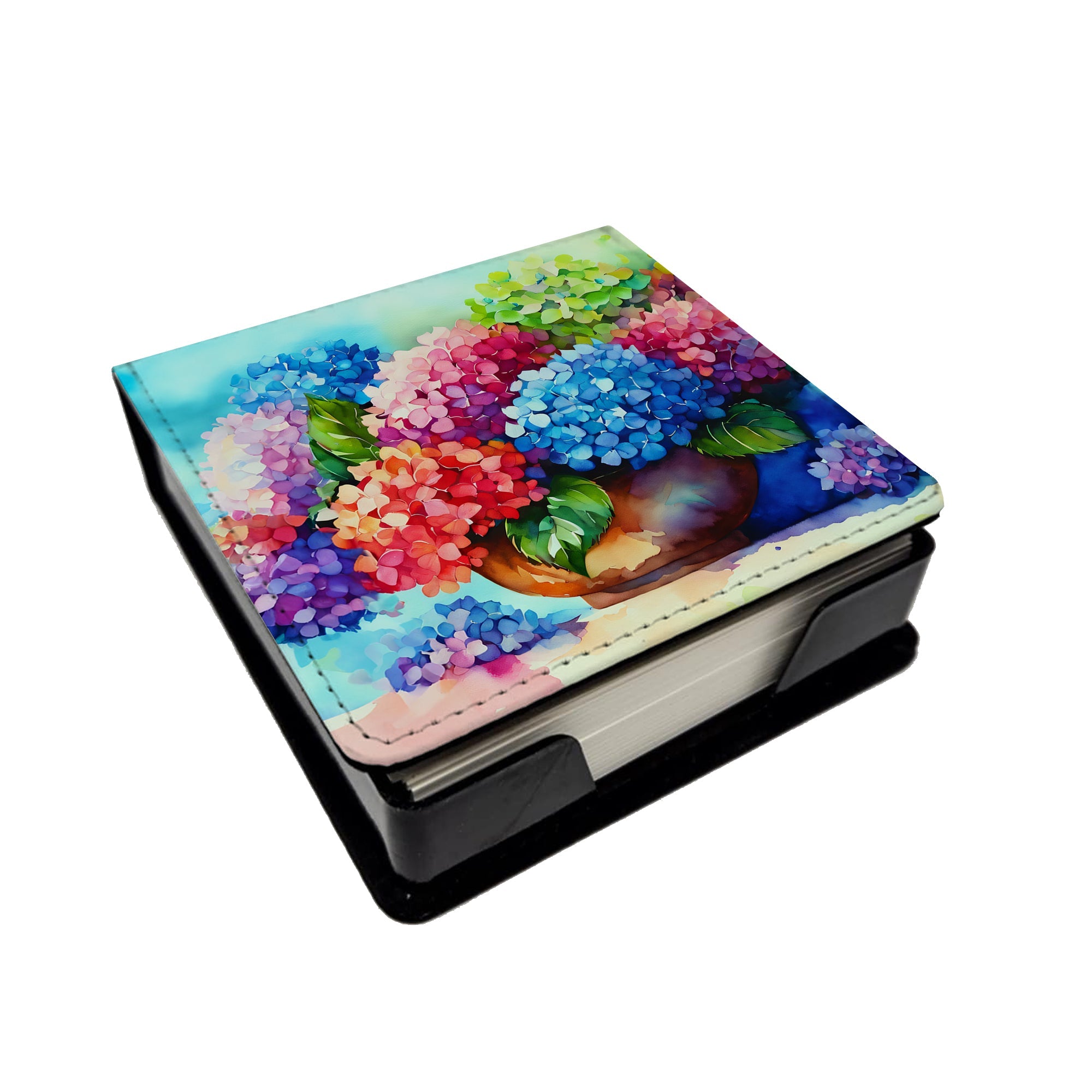 Hydrangeas in Watercolor PU Leather Note Paper Holder with Artist-Designed Cover, Desk Accessory, Office Gift