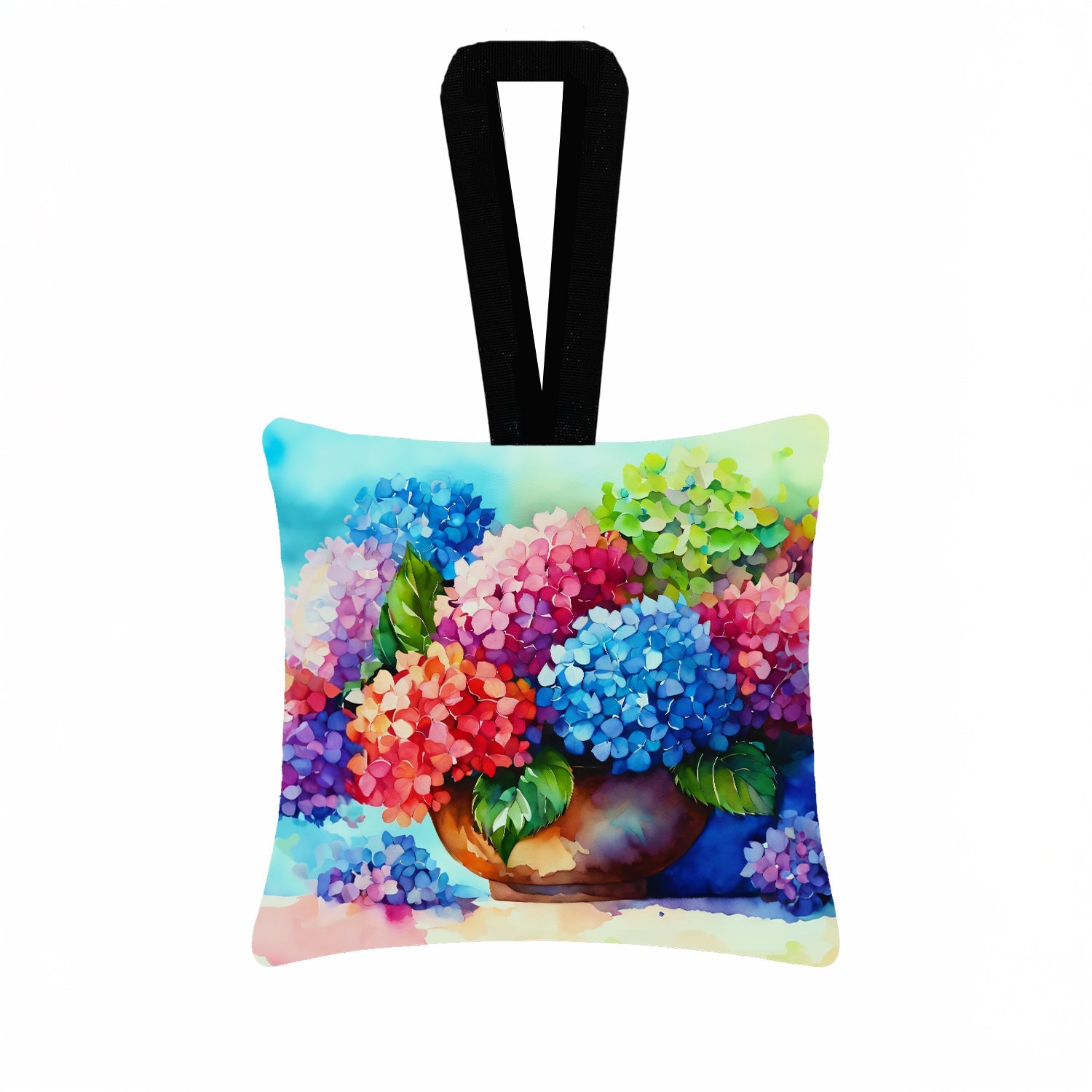 Hydrangeas in Watercolor Hanging Square Fabric Ornament 3.5 × 3.5 Decorative Door-Knob & Tree Hanger, Soft Fabric