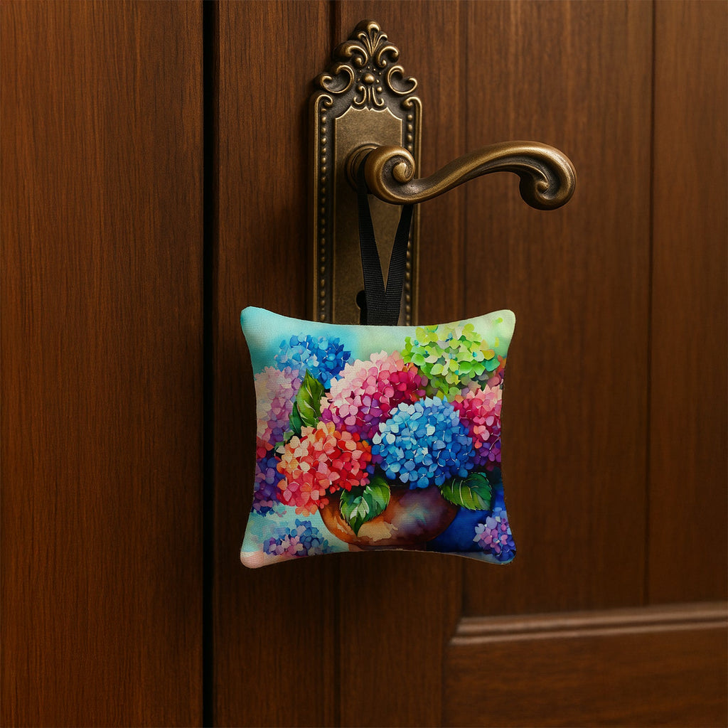 Hydrangeas in Watercolor Hanging Square Fabric Ornament 3.5 × 3.5 Decorative Door-Knob & Tree Hanger, Soft Fabric