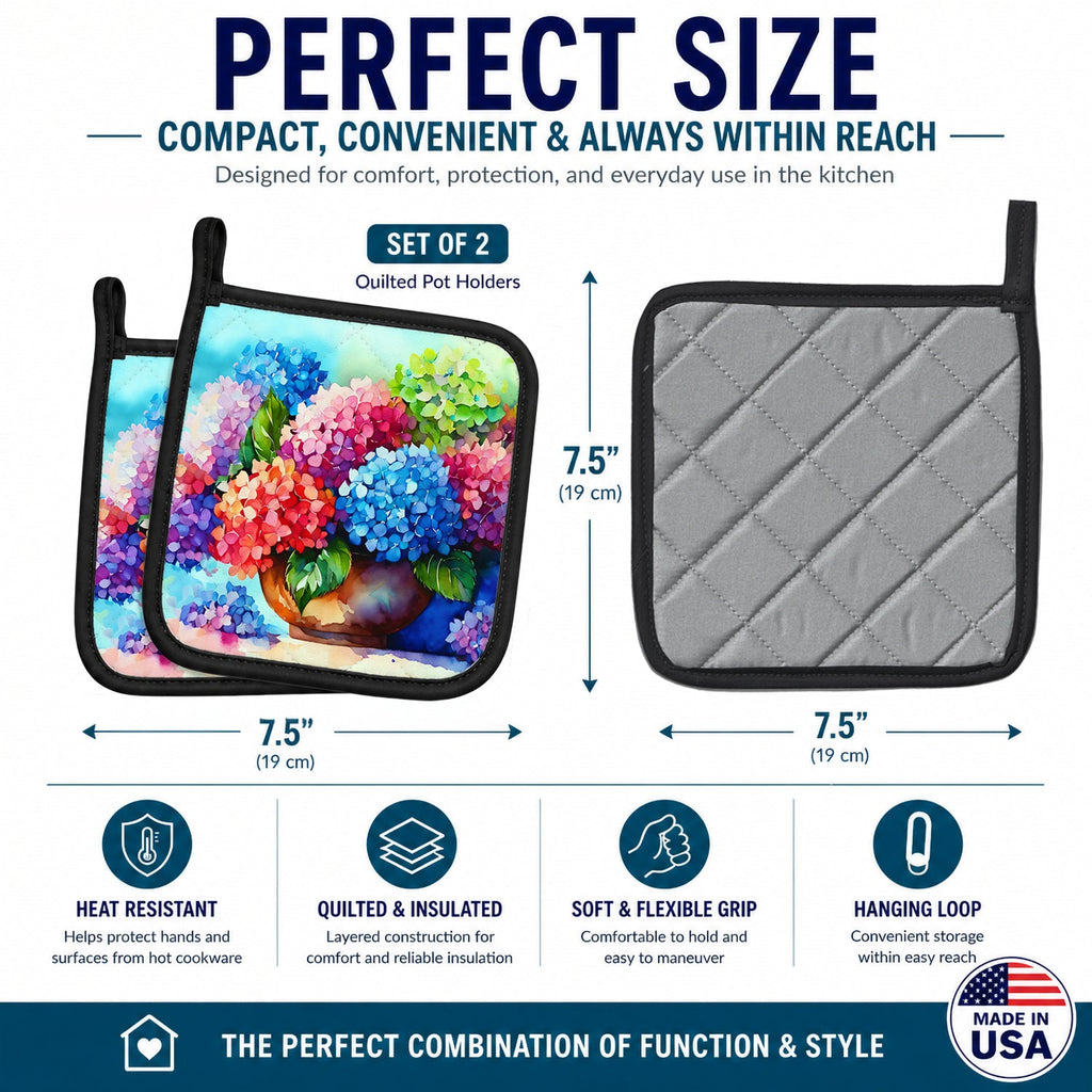 Hydrangeas in Watercolor Pot Holder Set of 2 Heat Resistant Quilted Hot Pads 7.5 x 7.5 Inch, Insulated Kitchen Trivets for Cooking & Baking