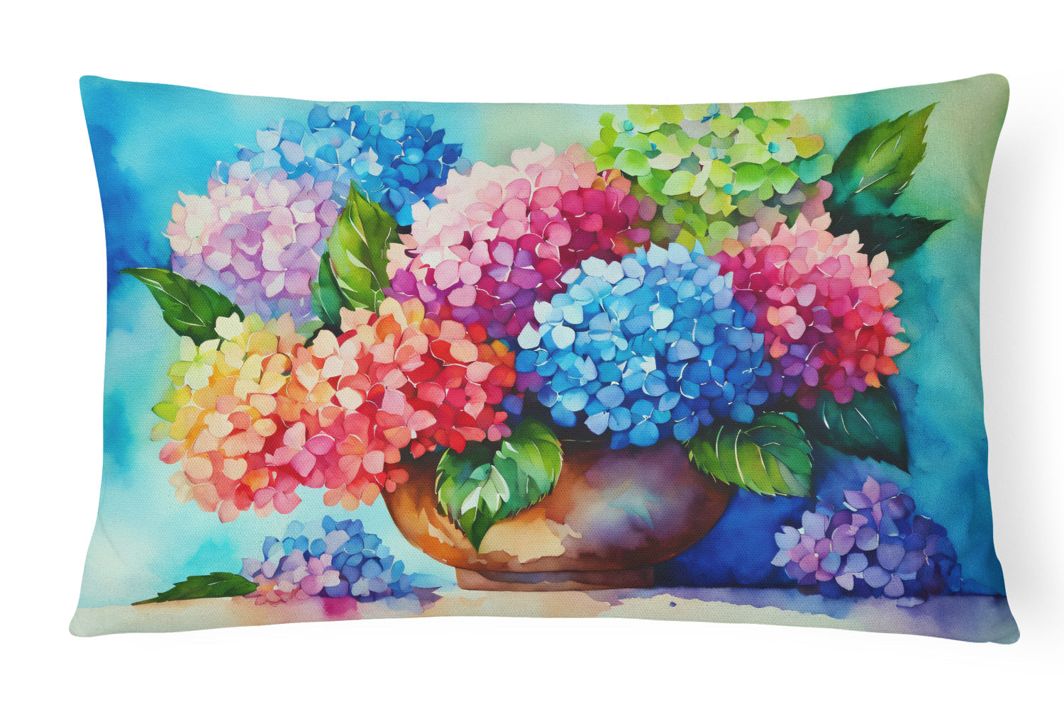 Hydrangeas in Watercolor Decorative Throw Pillow 12x16 Indoor Outdoor Accent Cushion, Fabric Cover with Insert for Sofa, Bed, Porch & Living Room