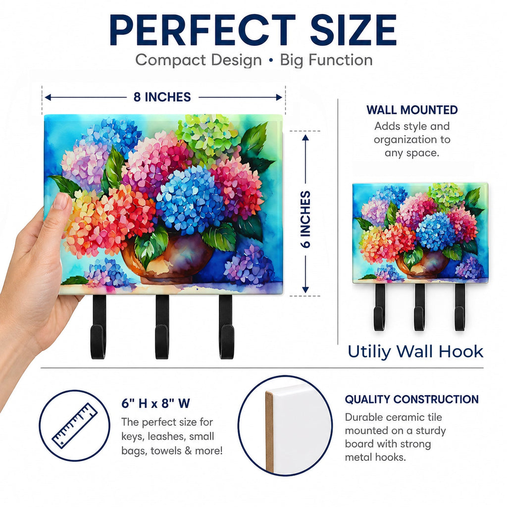 Hydrangeas in Watercolor Leash or Key Holder Wall Hooks, Coat Rack Wall Mount, for Hanging Keys, Towels, Aprons, Leashes