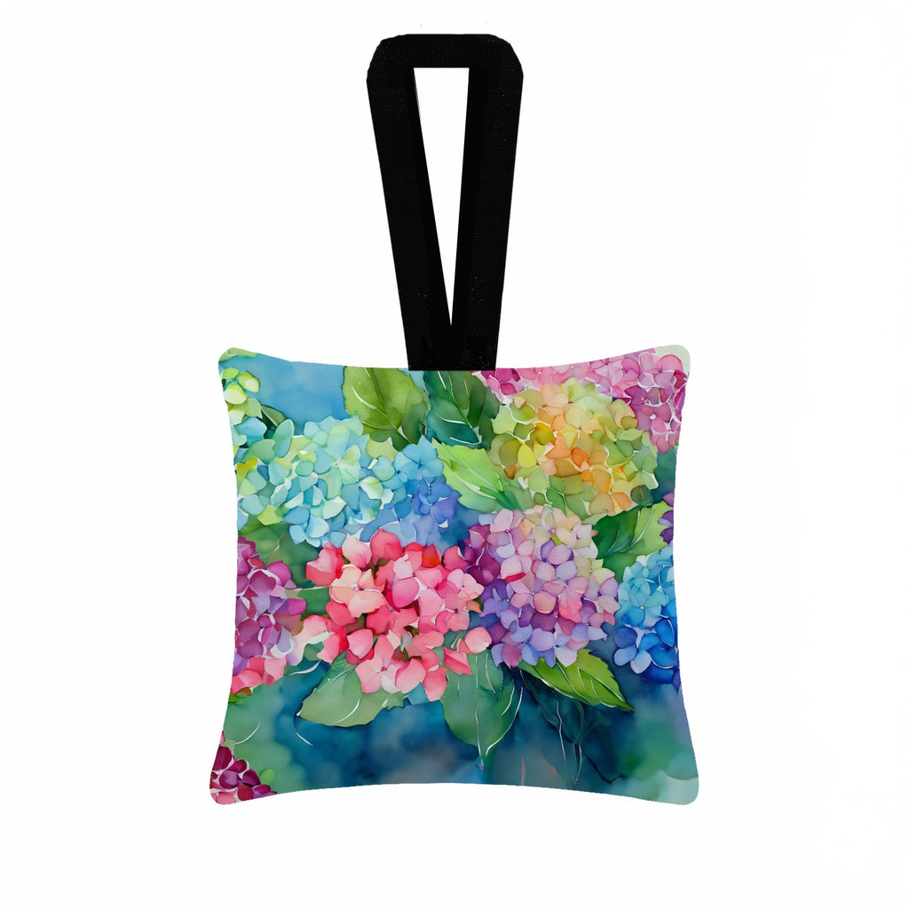 Hydrangeas in Watercolor Hanging Square Fabric Ornament 3.5 × 3.5 Decorative Door-Knob & Tree Hanger, Soft Fabric