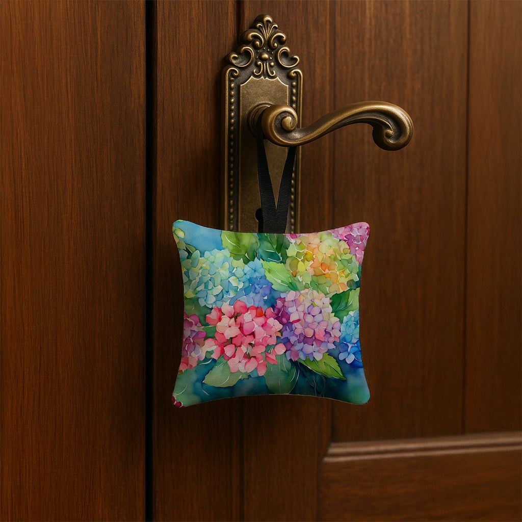 Hydrangeas in Watercolor Hanging Square Fabric Ornament 3.5 × 3.5 Decorative Door-Knob & Tree Hanger, Soft Fabric