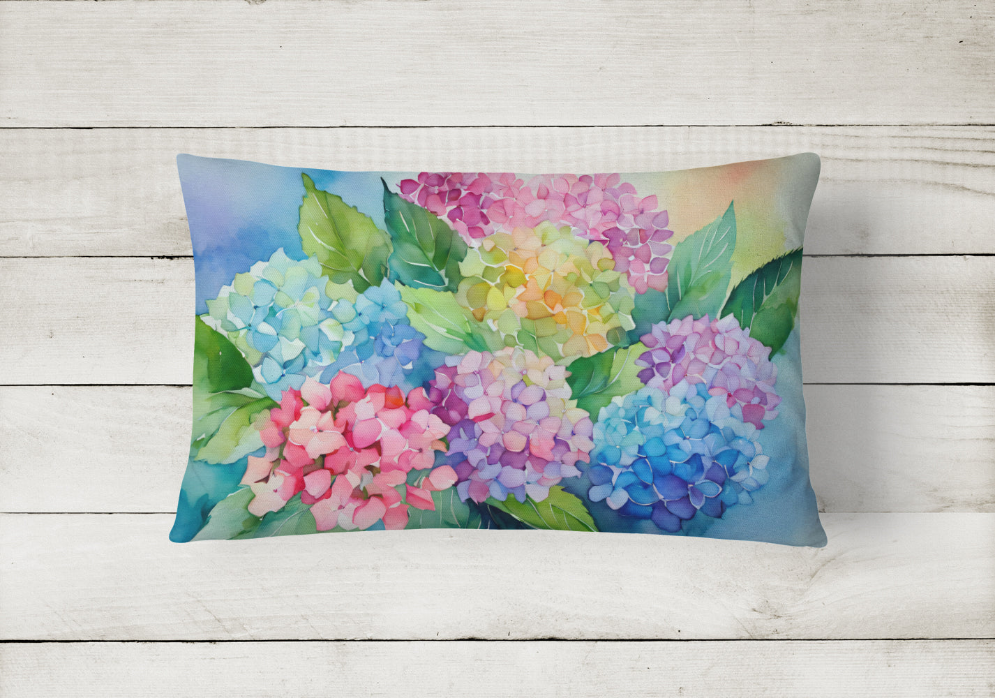 Hydrangeas in Watercolor Decorative Throw Pillow 12x16 Indoor Outdoor Accent Cushion, Fabric Cover with Insert for Sofa, Bed, Porch & Living Room
