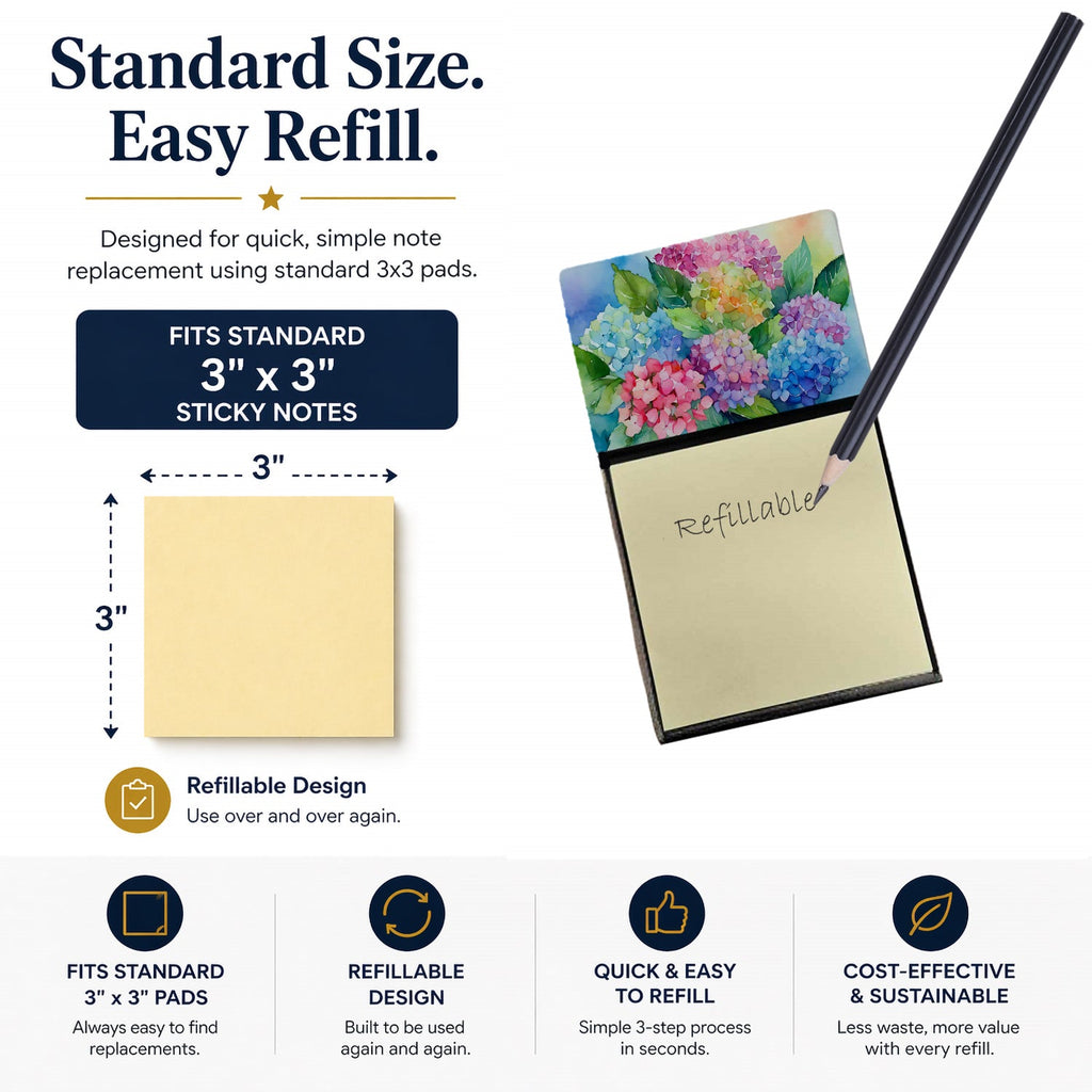 Hydrangeas in Watercolor Watercolor Sticky Note Holder Refillable Dispenser Desk Accessory 3x3 Pad Gift