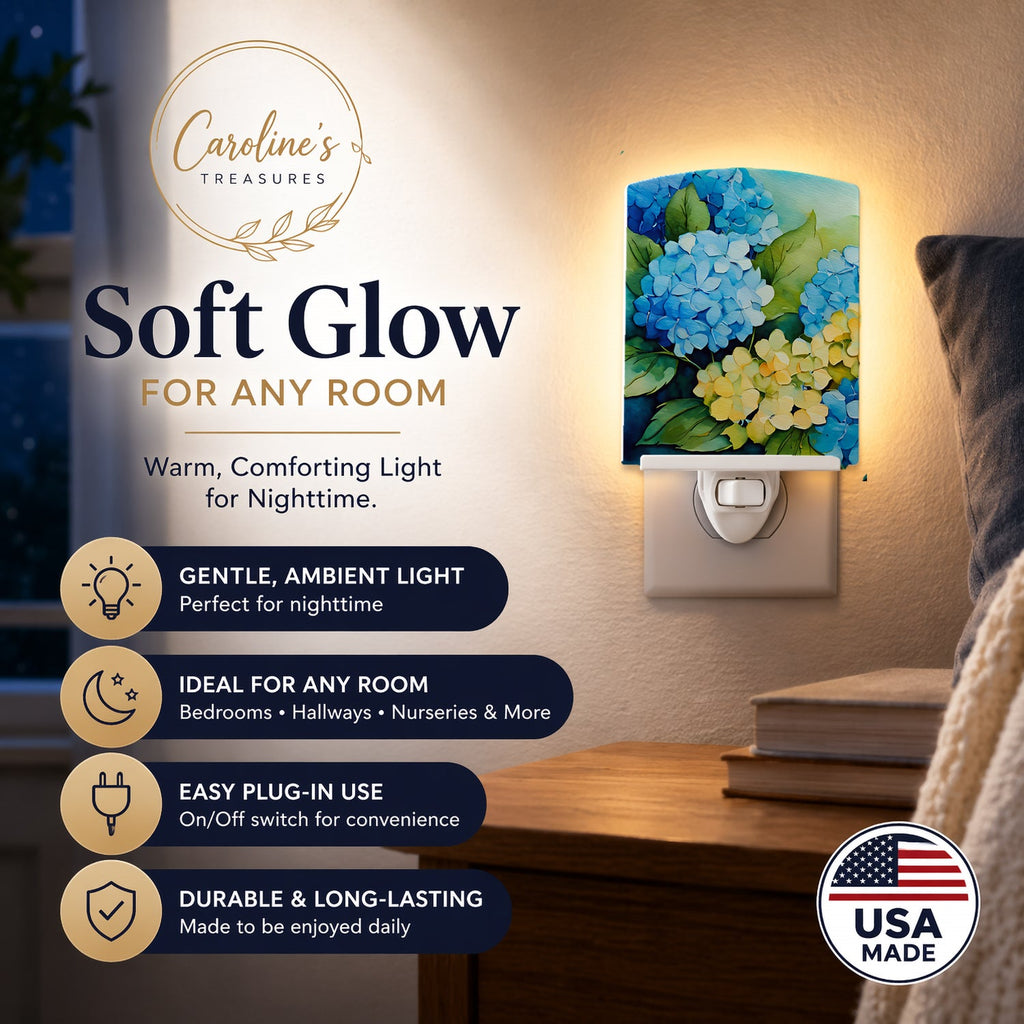 Hydrangeas in Watercolor Ceramic Night Light Compact, UL-Certified, Ideal for Bedroom, Bathroom, Nursery, Hallway, Kitchen, 6x4x3, Multicolor