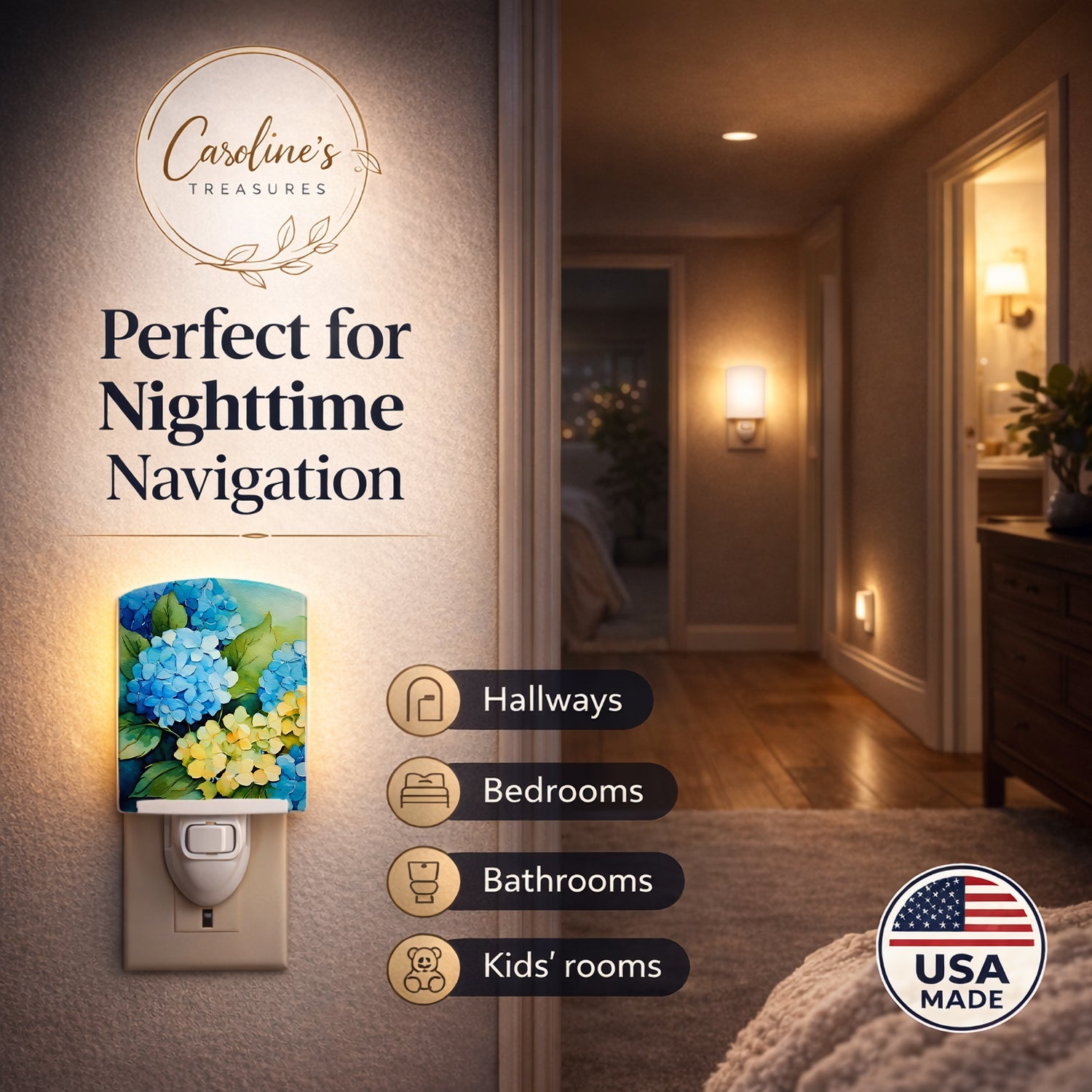 Hydrangeas in Watercolor Ceramic Night Light Compact, UL-Certified, Ideal for Bedroom, Bathroom, Nursery, Hallway, Kitchen, 6x4x3, Multicolor