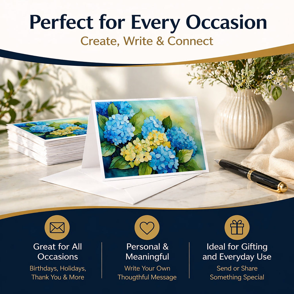 Hydrangeas in Watercolor Greeting Cards Pack of 8 Blank Cards with Envelopes Whimsical A7 Size 5x7