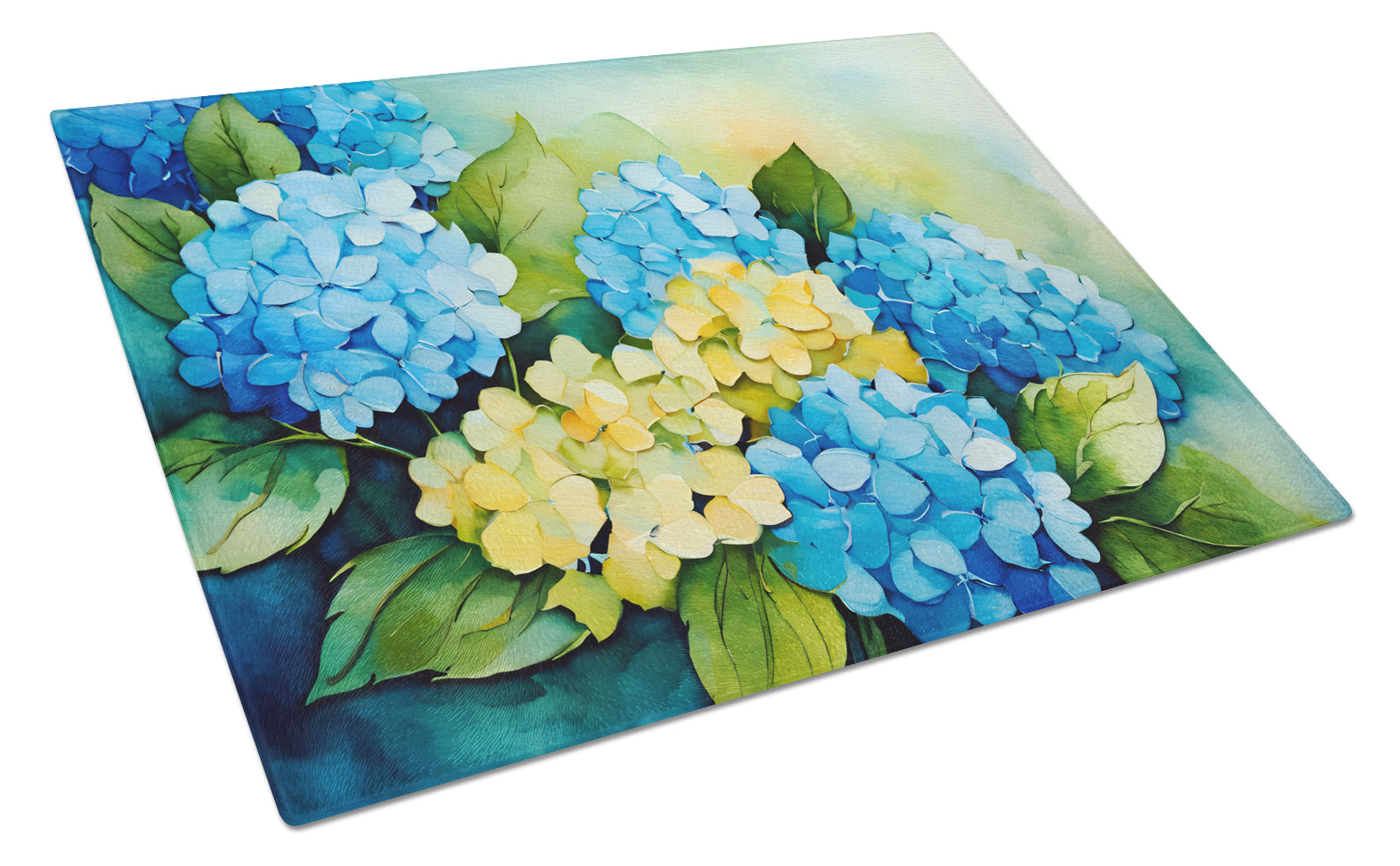 Hydrangeas in Watercolor Cutting Board Tempered Glass Kitchen Cutting Surface, Heat Resistant Chopping, Non-Slip Feet, Food Prep & Serving
