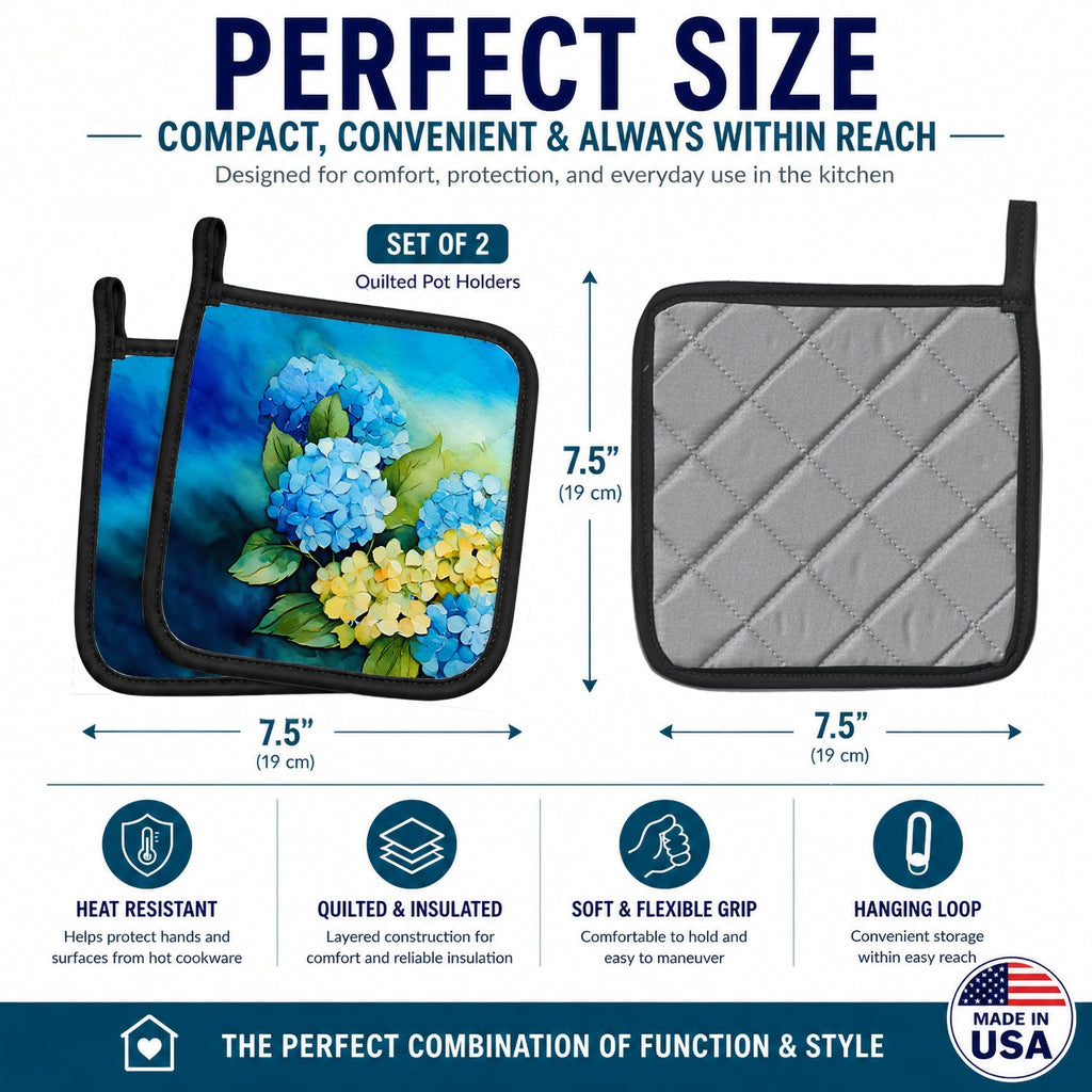 Hydrangeas in Watercolor Pot Holder Set of 2 Heat Resistant Quilted Hot Pads 7.5 x 7.5 Inch, Insulated Kitchen Trivets for Cooking & Baking