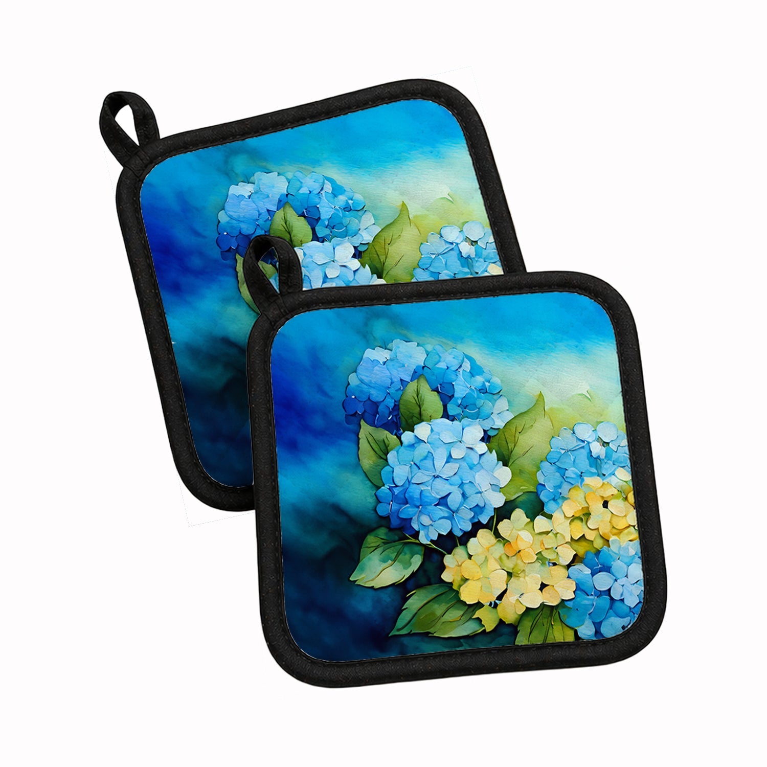 Hydrangeas in Watercolor Pot Holder Set of 2 Heat Resistant Quilted Hot Pads 7.5 x 7.5 Inch, Insulated Kitchen Trivets for Cooking & Baking
