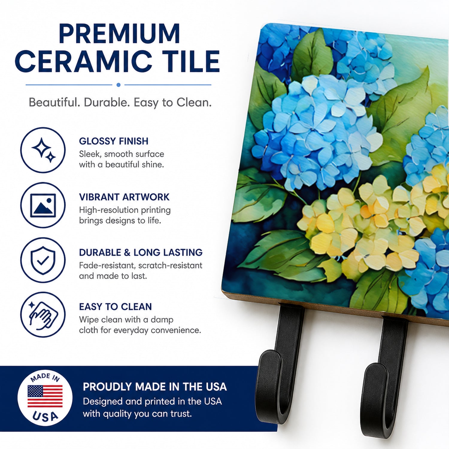 Hydrangeas in Watercolor Leash or Key Holder Wall Hooks, Coat Rack Wall Mount, for Hanging Keys, Towels, Aprons, Leashes