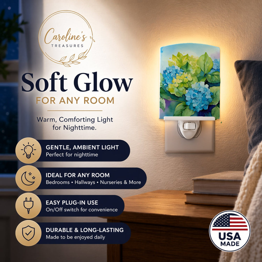 Hydrangeas in Watercolor Ceramic Night Light Compact, UL-Certified, Ideal for Bedroom, Bathroom, Nursery, Hallway, Kitchen, 6x4x3, Multicolor