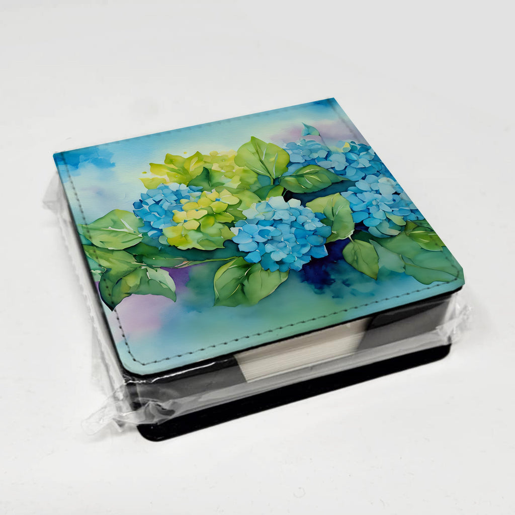 Hydrangeas in Watercolor PU Leather Note Paper Holder with Artist-Designed Cover, Desk Accessory, Office Gift