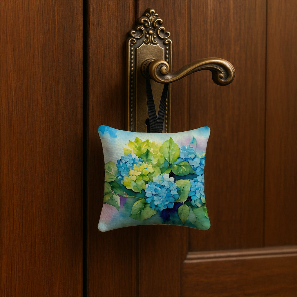Hydrangeas in Watercolor Hanging Square Fabric Ornament 3.5 × 3.5 Decorative Door-Knob & Tree Hanger, Soft Fabric