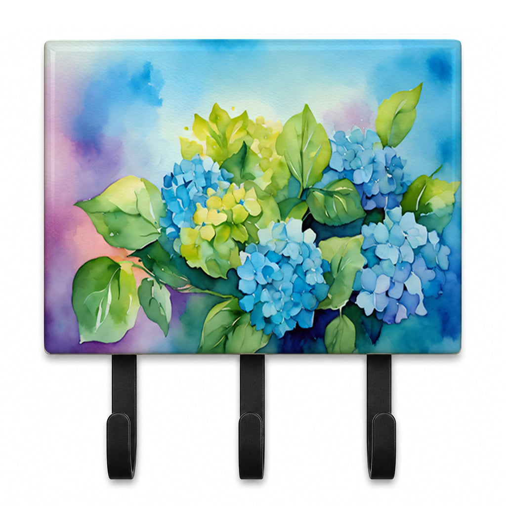 Hydrangeas in Watercolor Leash or Key Holder Wall Hooks, Coat Rack Wall Mount, for Hanging Keys, Towels, Aprons, Leashes