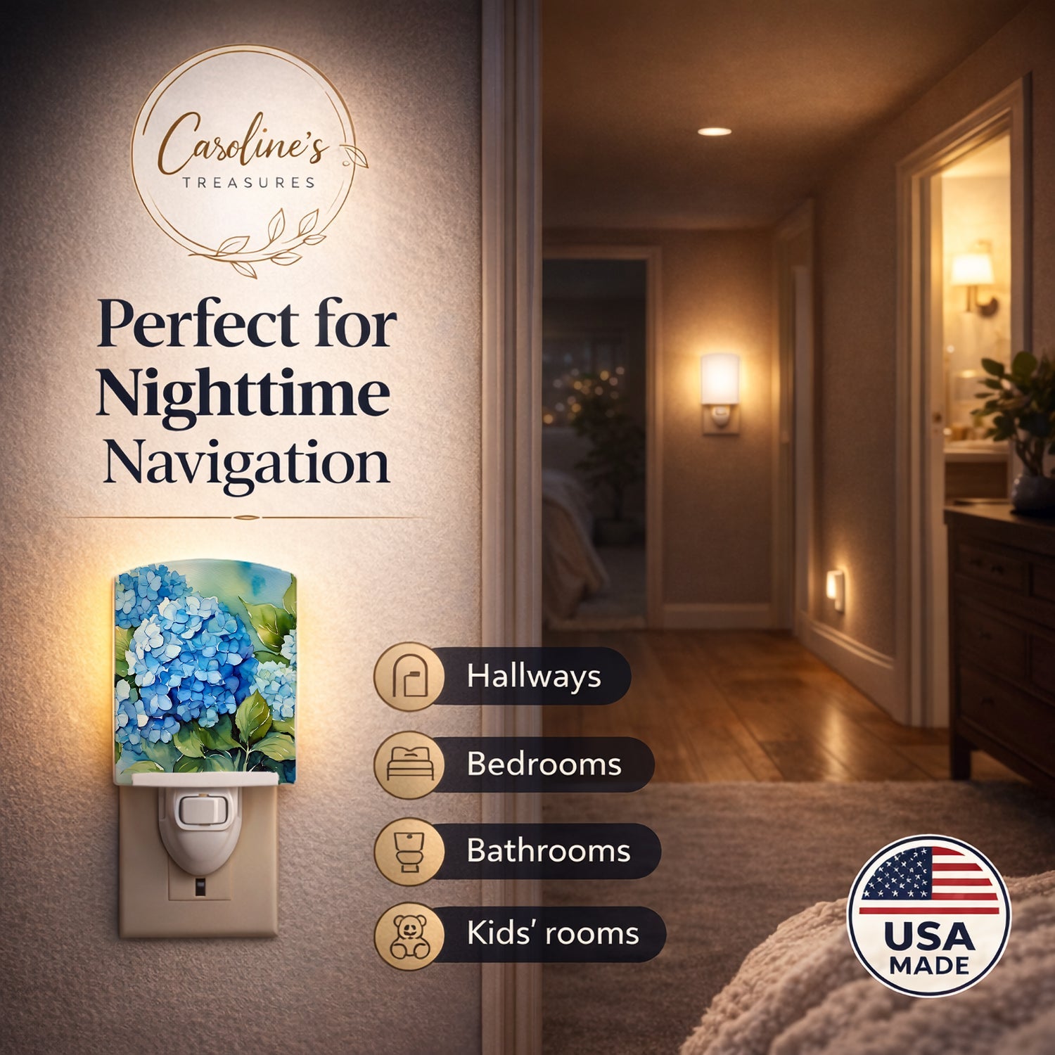 Hydrangeas in Watercolor Ceramic Night Light Compact, UL-Certified, Ideal for Bedroom, Bathroom, Nursery, Hallway, Kitchen, 6x4x3, Multicolor
