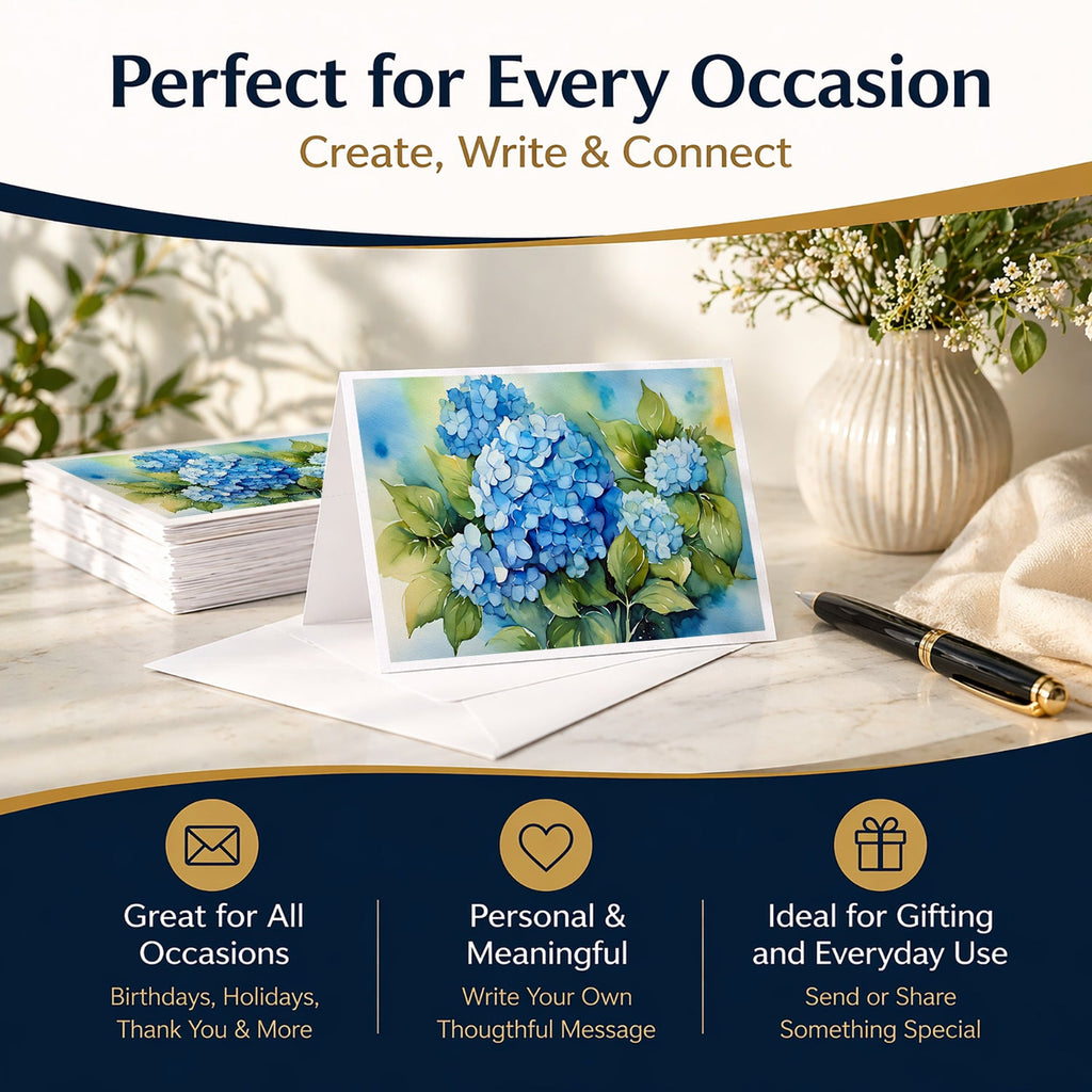 Hydrangeas in Watercolor Greeting Cards Pack of 8 Blank Cards with Envelopes Whimsical A7 Size 5x7