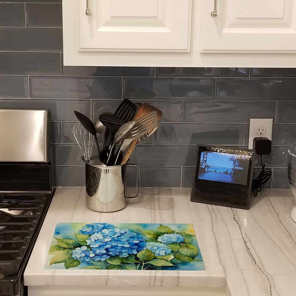 Hydrangeas in Watercolor Cutting Board Tempered Glass Kitchen Cutting Surface, Heat Resistant Chopping, Non-Slip Feet, Food Prep & Serving