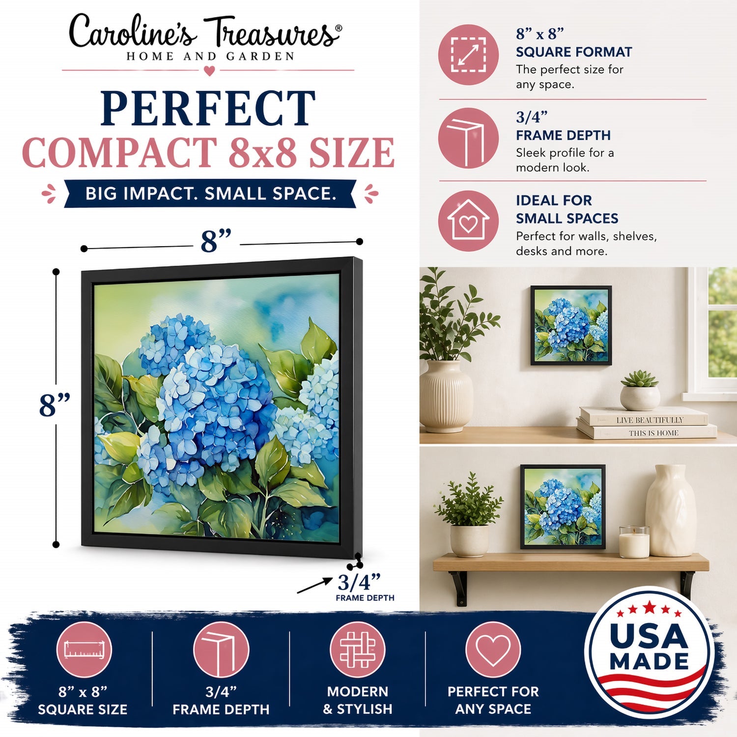 Hydrangeas in Watercolor Framed Metal Print Bathroom, Kitchen, Office, Home Decor Wall Art Ready to Hang, Square, 8X8