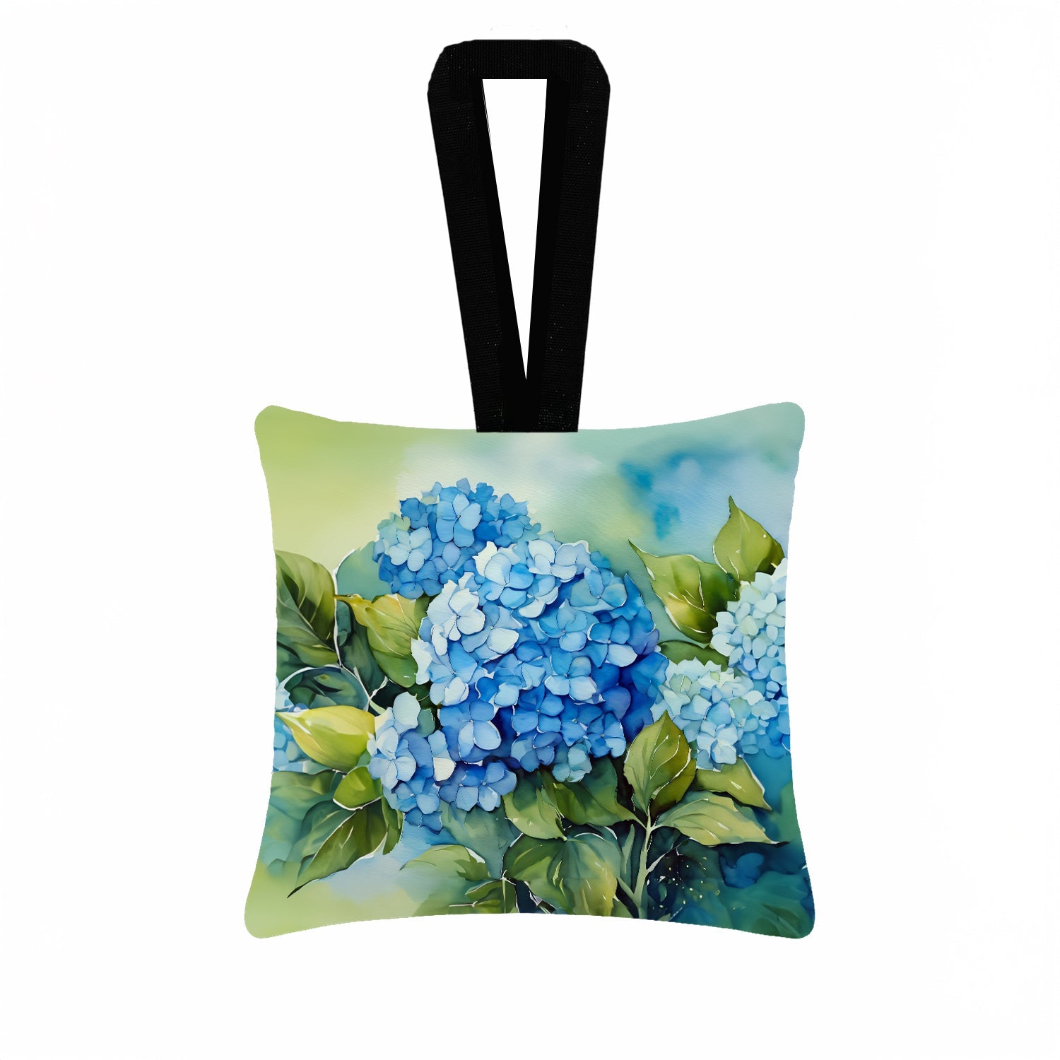 Hydrangeas in Watercolor Hanging Square Fabric Ornament 3.5 × 3.5 Decorative Door-Knob & Tree Hanger, Soft Fabric