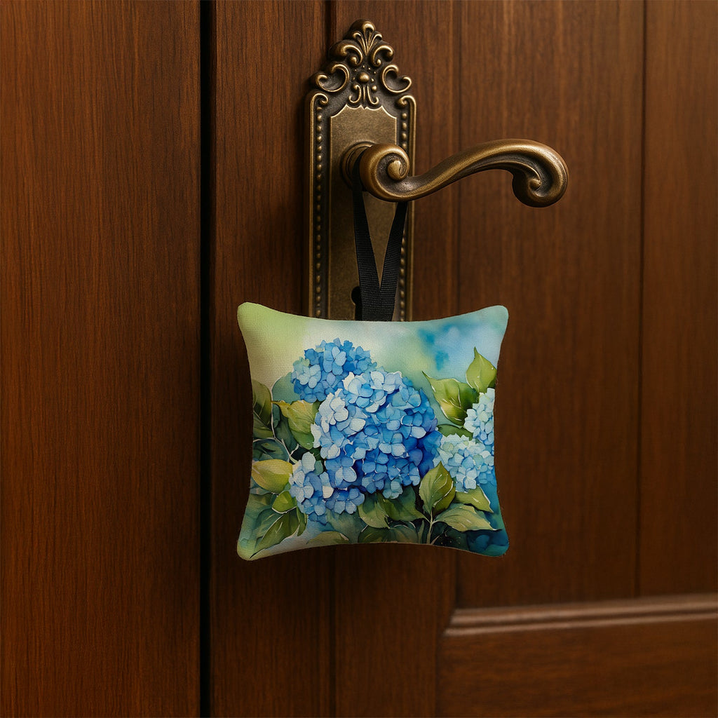 Hydrangeas in Watercolor Hanging Square Fabric Ornament 3.5 × 3.5 Decorative Door-Knob & Tree Hanger, Soft Fabric