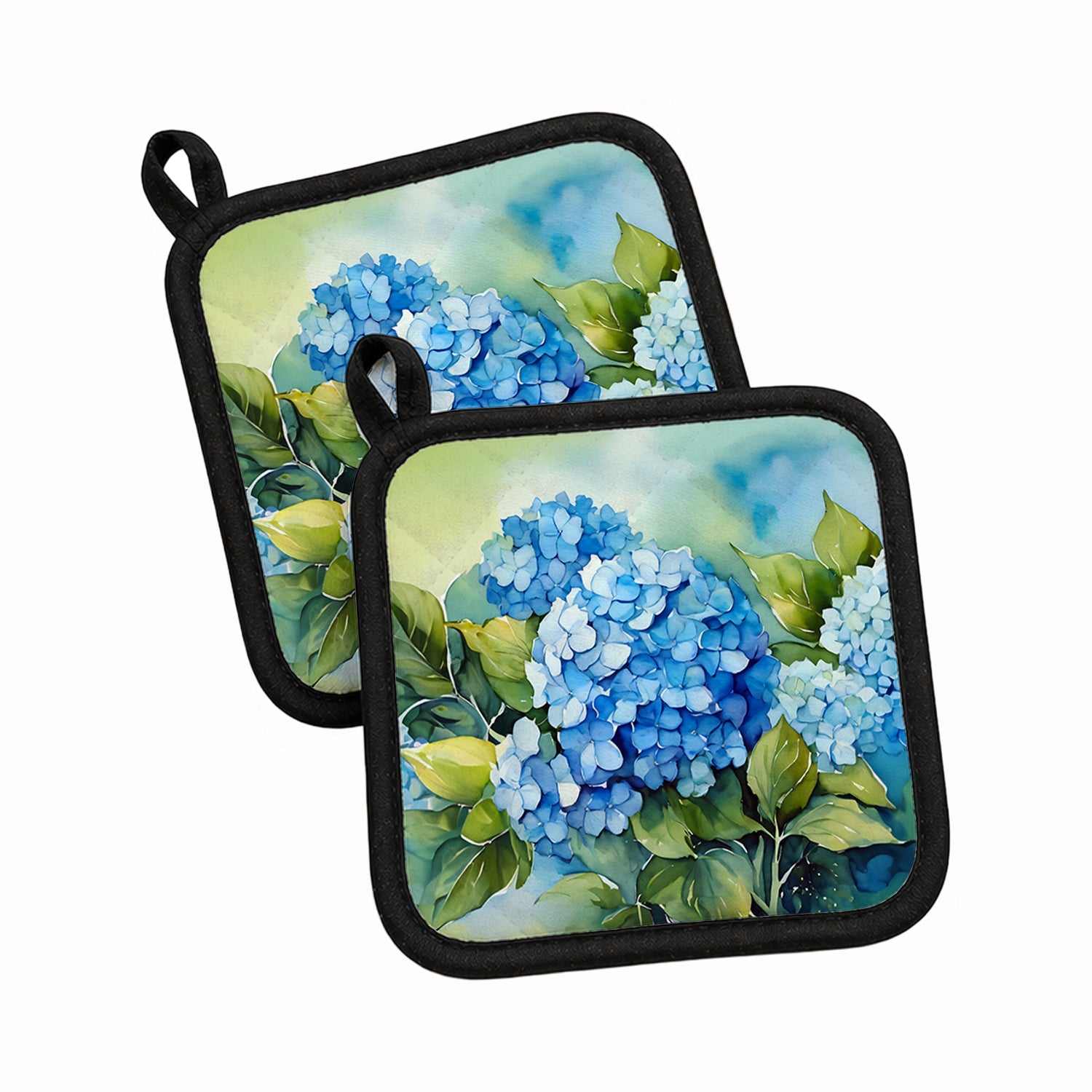 Hydrangeas in Watercolor Pot Holder Set of 2 Heat Resistant Quilted Hot Pads 7.5 x 7.5 Inch, Insulated Kitchen Trivets for Cooking & Baking