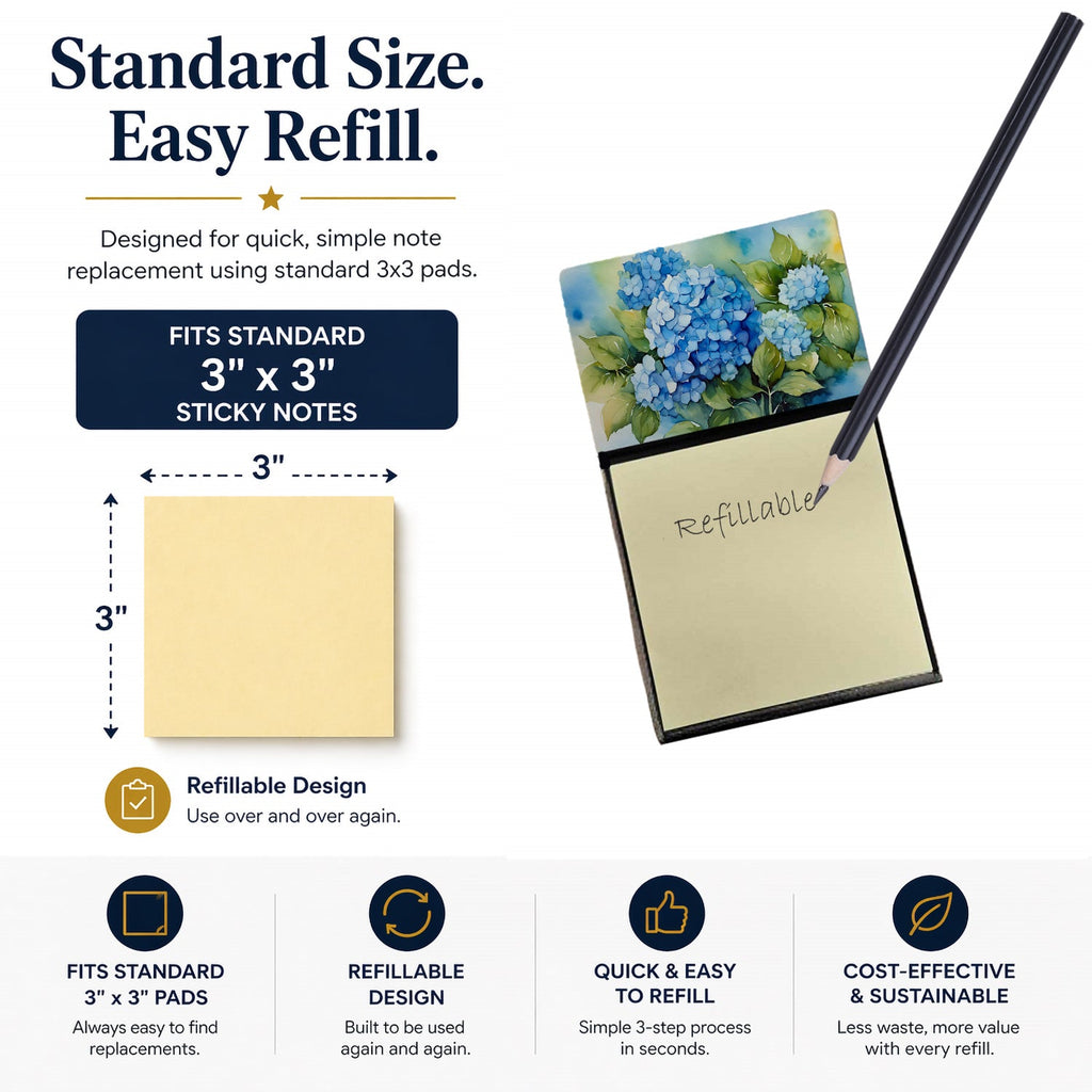 Hydrangeas in Watercolor Watercolor Sticky Note Holder Refillable Dispenser Desk Accessory 3x3 Pad Gift