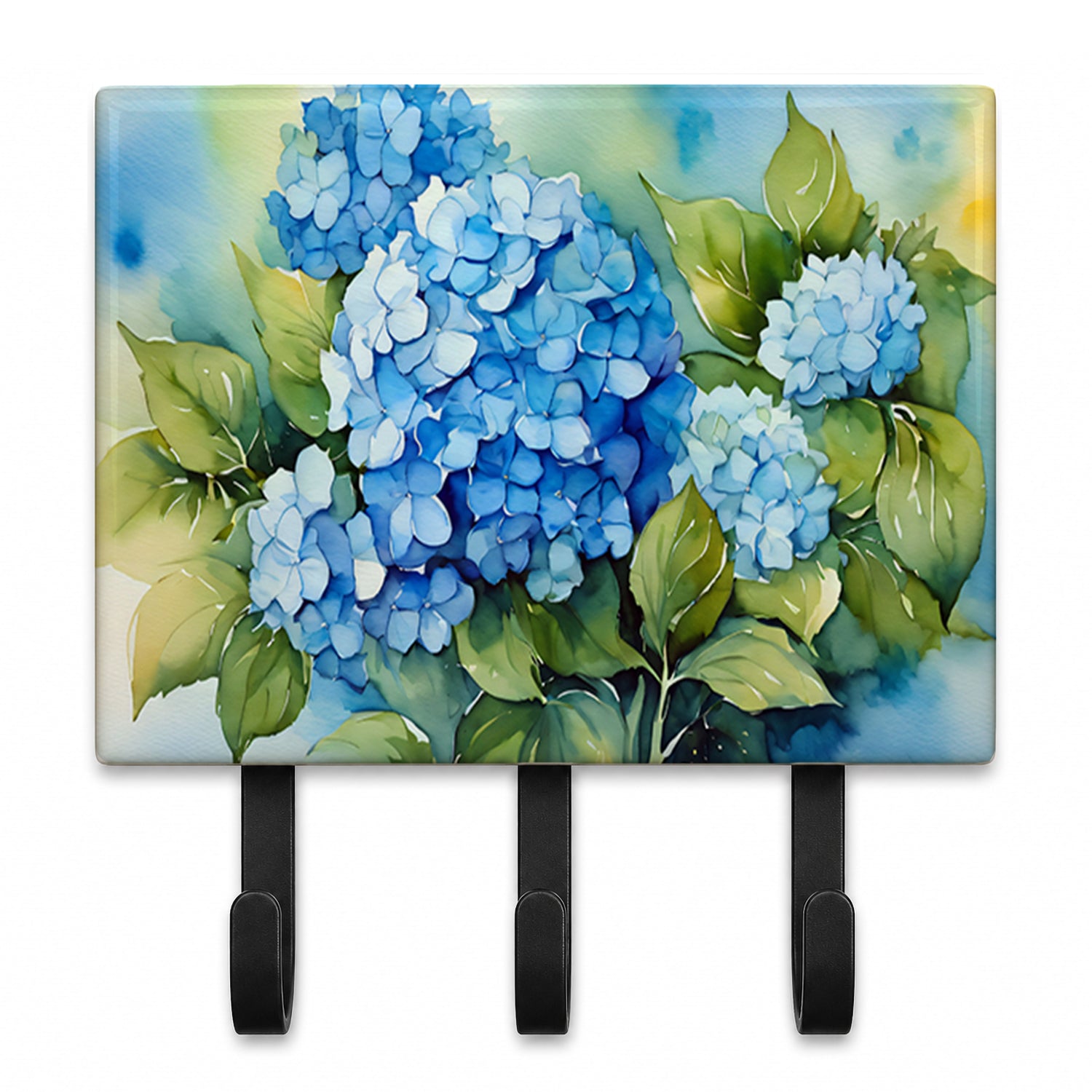 Hydrangeas in Watercolor Leash or Key Holder Wall Hooks, Coat Rack Wall Mount, for Hanging Keys, Towels, Aprons, Leashes