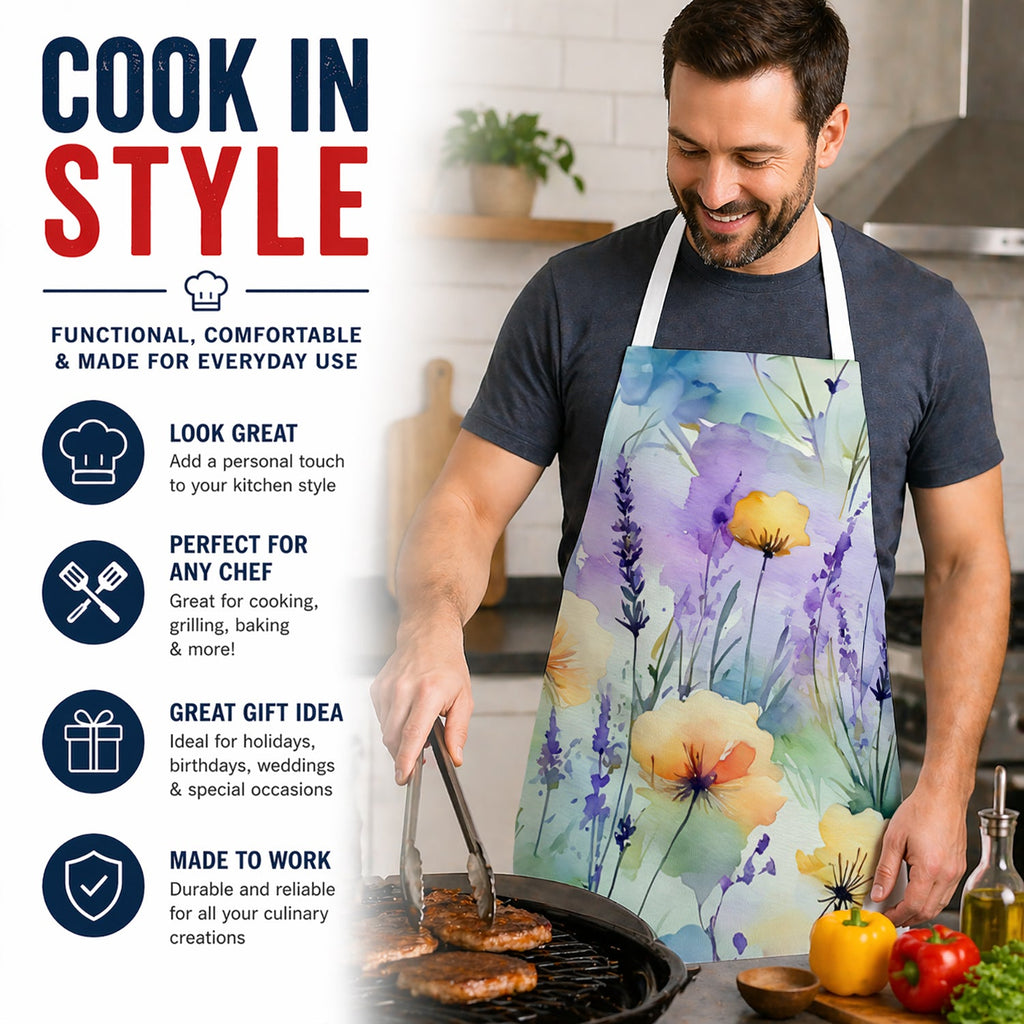 Lavender in Watercolor Apron Cooking Kitchen Server Baking Crafts Gardening for Adult Women Men, Unisex, Large, Multicolor
