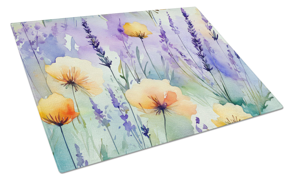 Lavender in Watercolor Cutting Board Tempered Glass Kitchen Cutting Surface, Heat Resistant Chopping, Non-Slip Feet, Food Prep & Serving