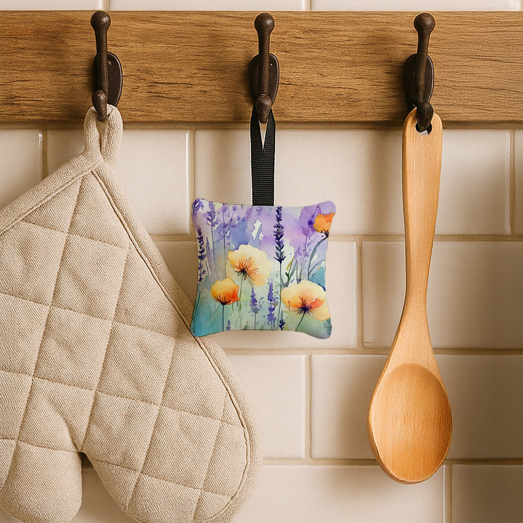 Lavender in Watercolor Hanging Square Fabric Ornament 3.5 × 3.5 Decorative Door-Knob & Tree Hanger, Soft Fabric
