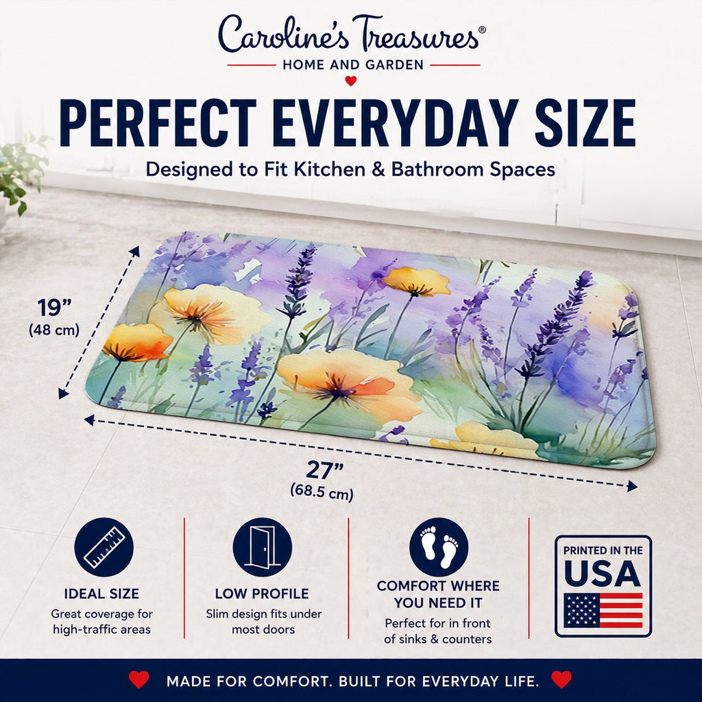 Lavender in Watercolor Memory Foam Kitchen Mat Machine Washable Anti-Fatigue Cushion Comfort Bath or Kitchen Rug