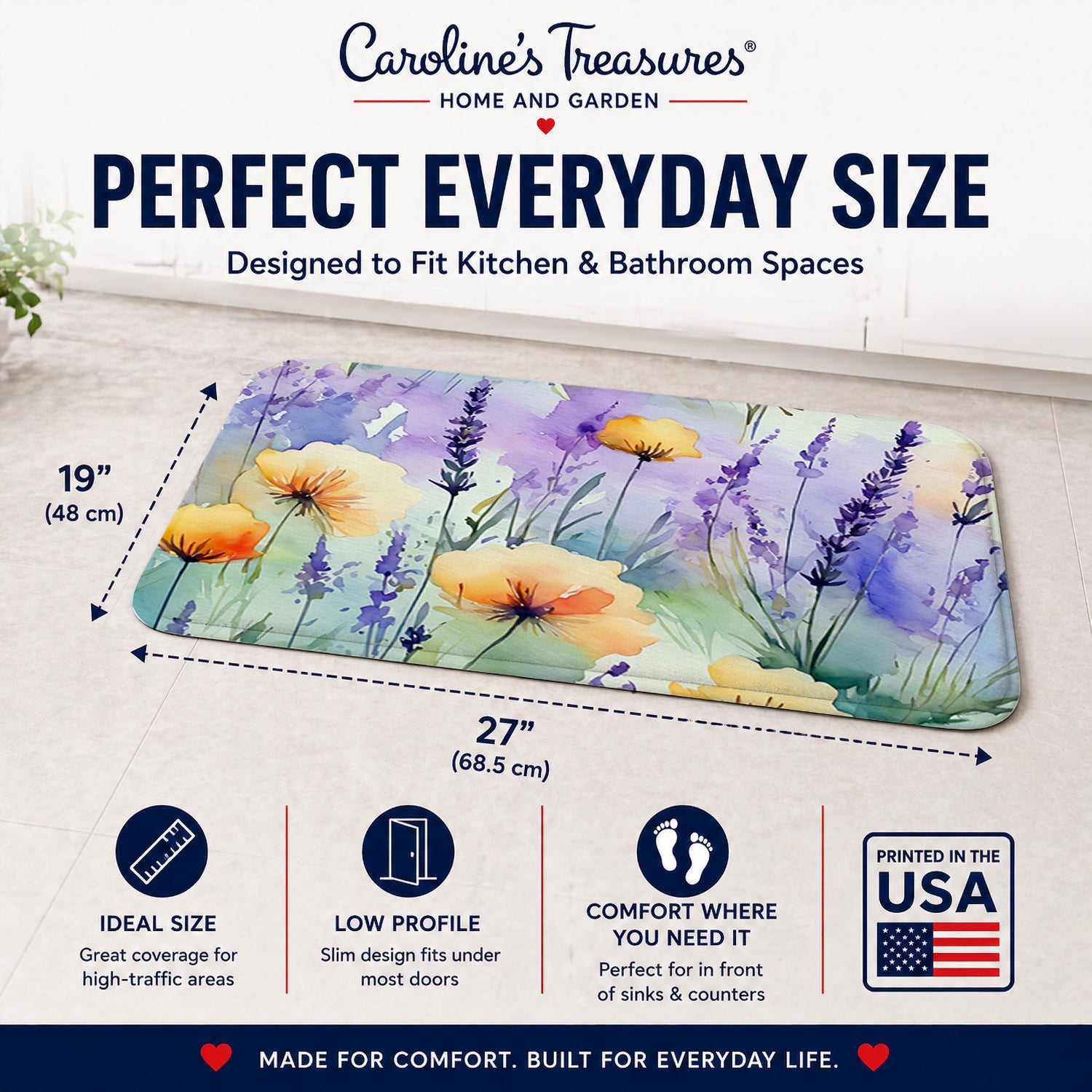 Lavender in Watercolor Memory Foam Kitchen Mat Machine Washable Anti-Fatigue Cushion Comfort Bath or Kitchen Rug